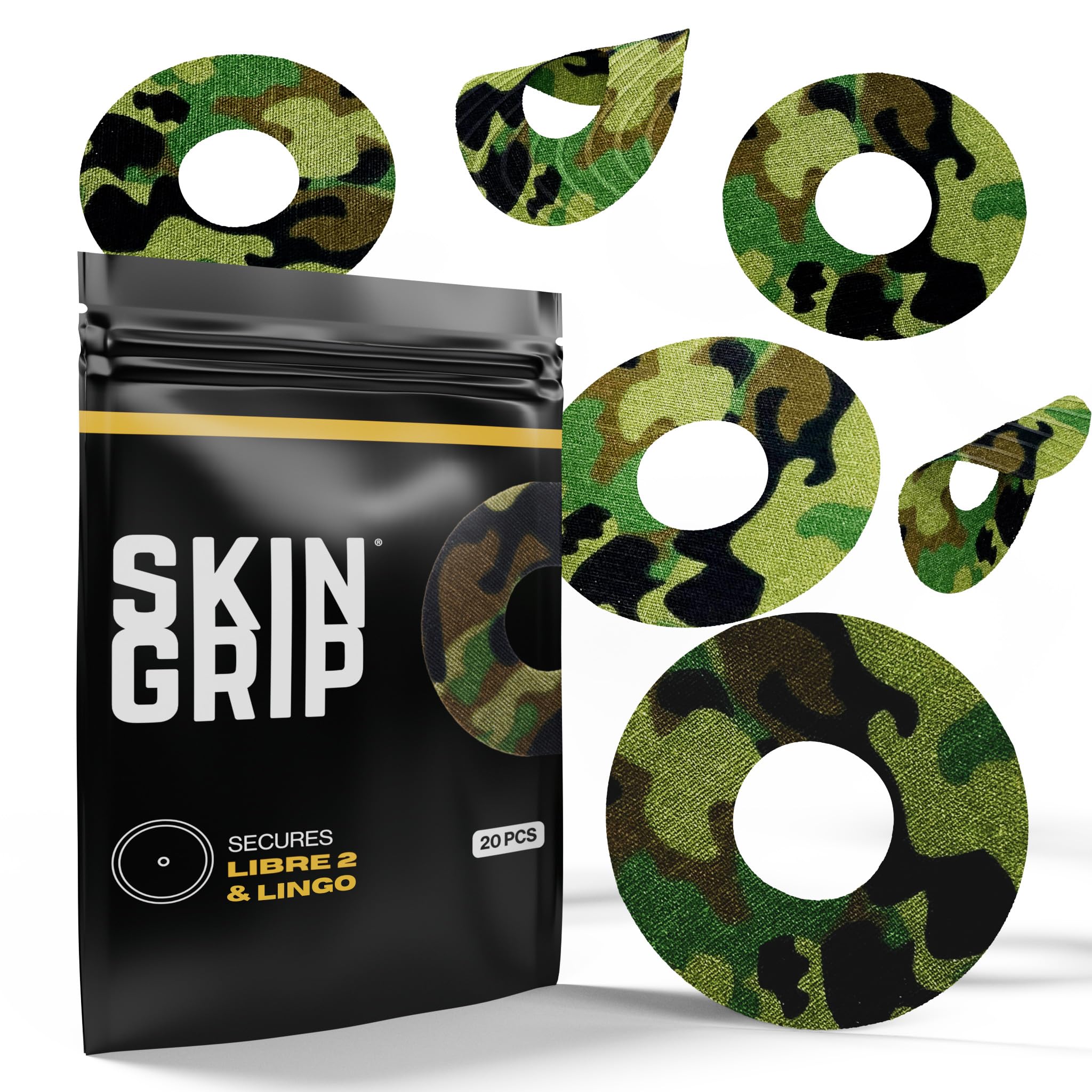 Skin GripFreestyle Libre 2 & Lingo Sensors Cover – Compatible with Infusion Sets, Waterproof Adhesive Tape, Covers w/Cutout (Not for Libre3), Lasts 10-15 Days, CGM Sensor Patches, Camo