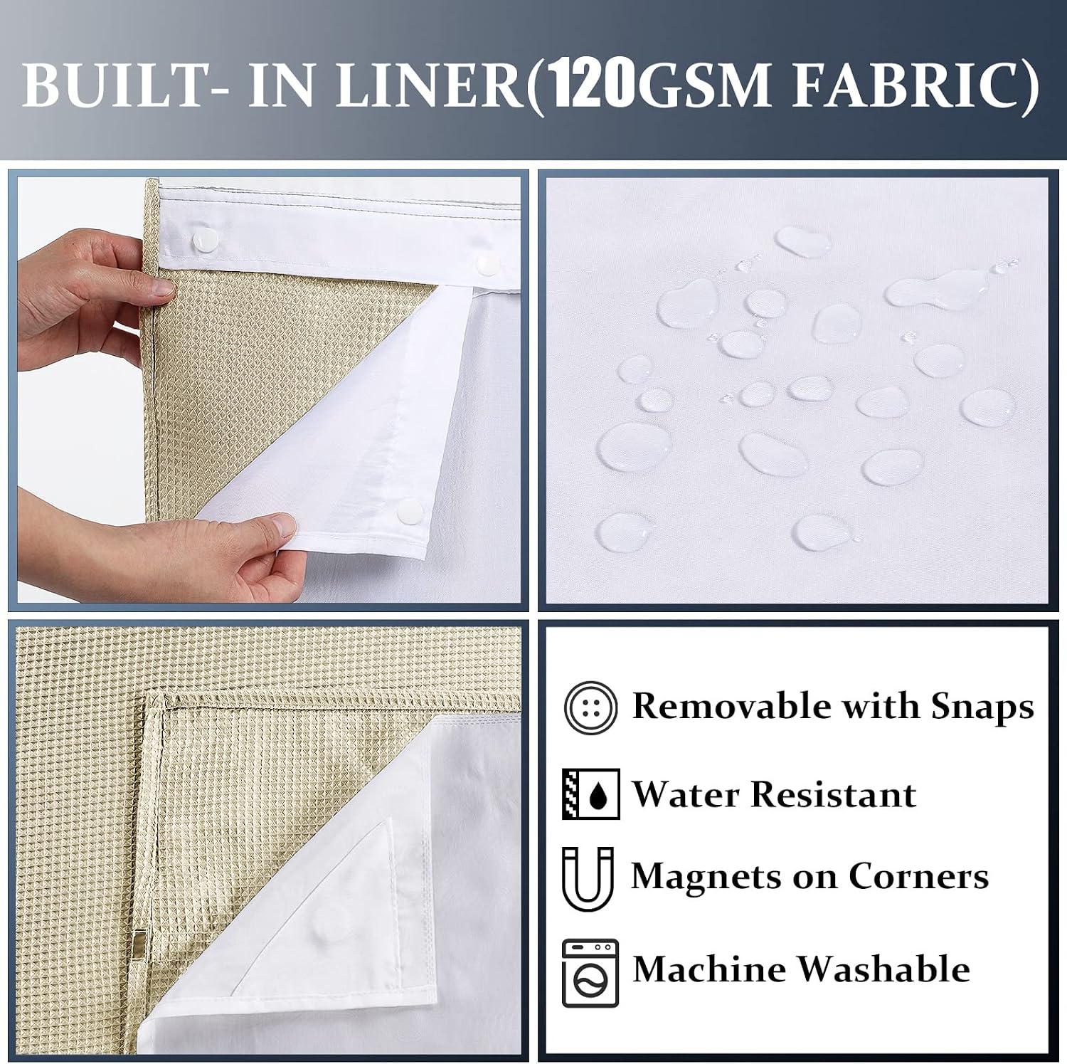 Yimobra Waffle Weave Shower Curtain Set with Snap-in Fabric Liner, Heavyweight Fabric with 12 Hooks, Waterproof and Washable, Mesh Top Window, 72 "x 72", Beige