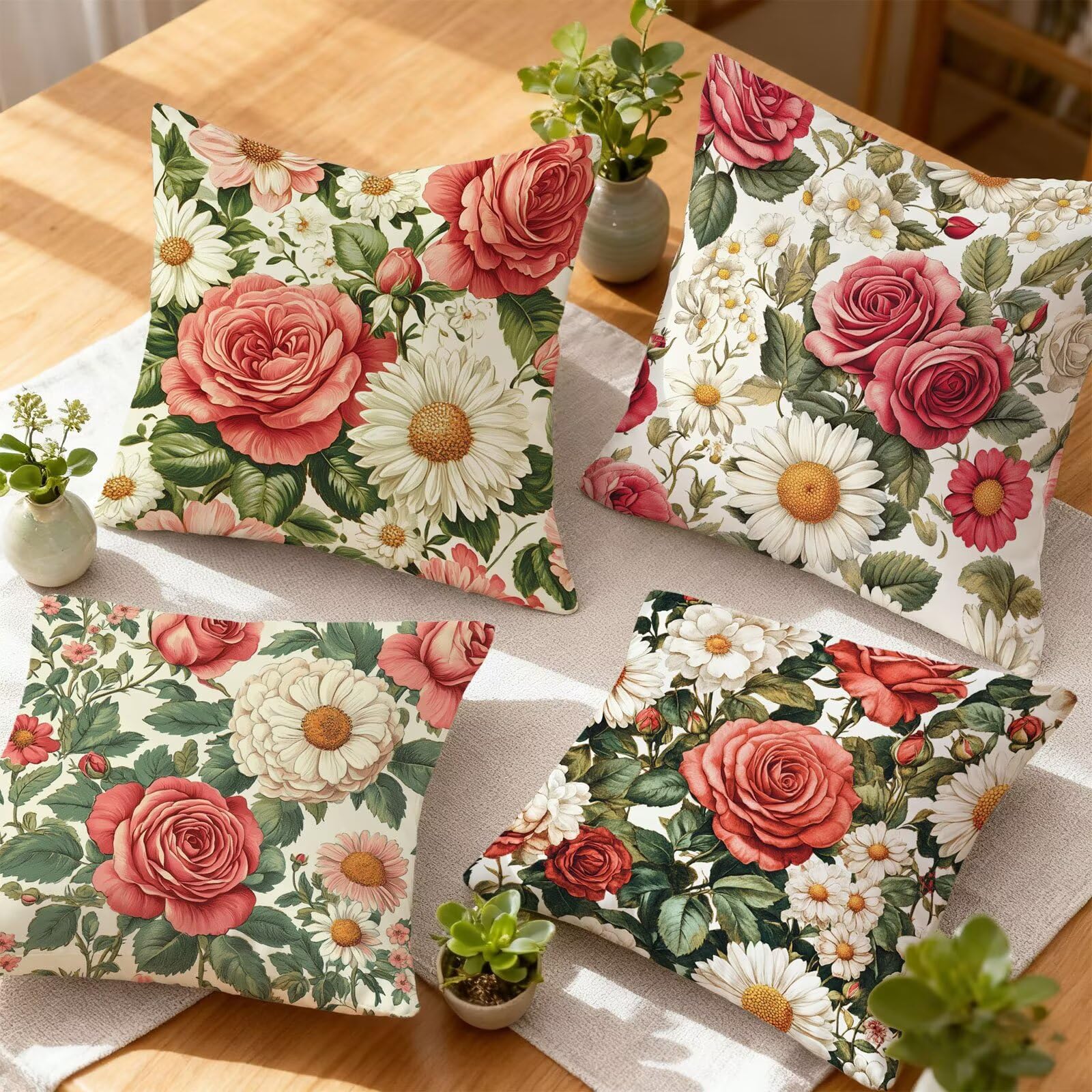 Rose Housse Coussin 60x60 Fleur Taie Oreiller 60x60 Lot de 4 Super Doux Protege Oreiller 60 x 60 Decoration Automne Taie D'oreiller Carrées Coussin Canape, pour Maison Chambre Canapé Chaise E - 780
