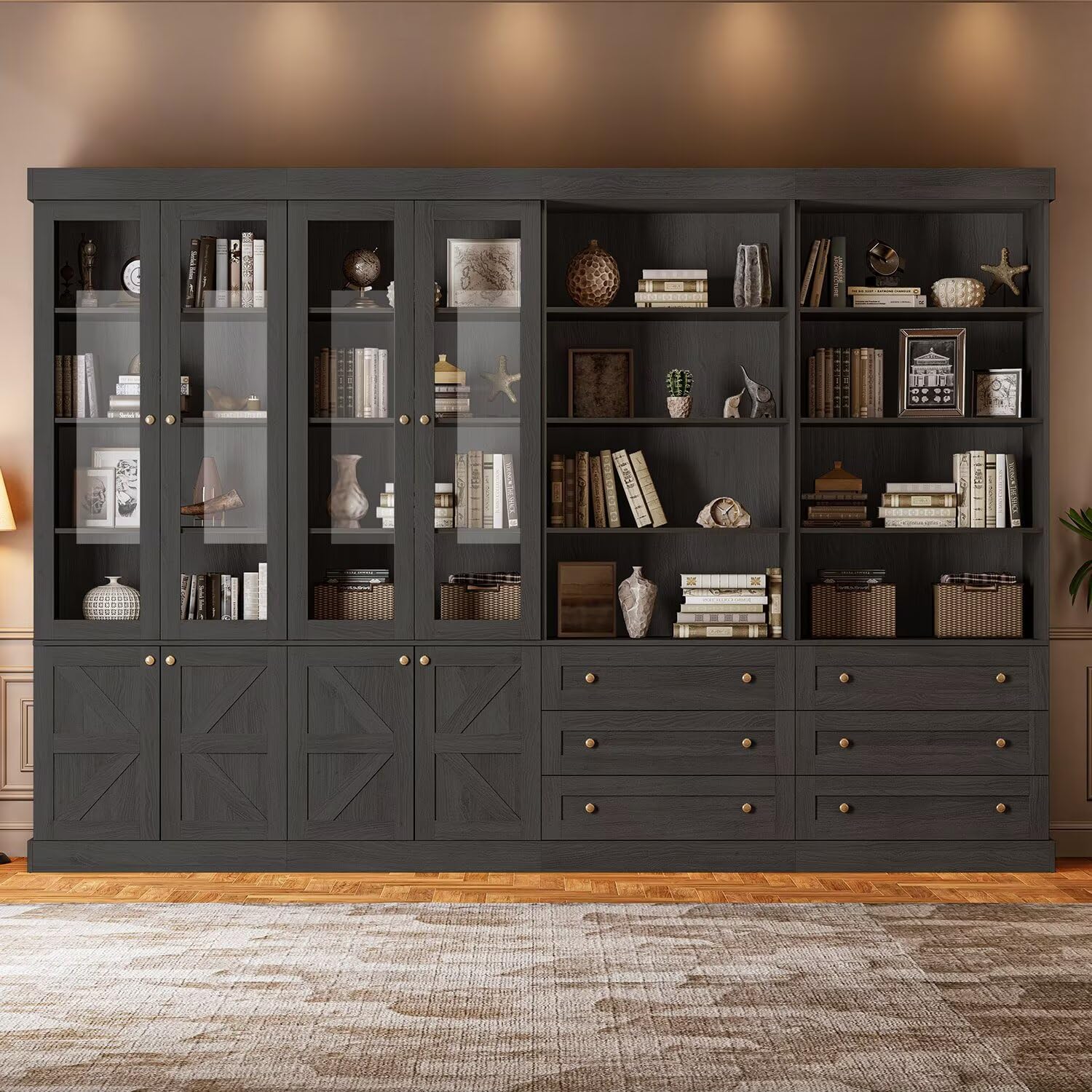 ivaniti 71" Farmhouse Bookcase with Glass Doors &amp; Drawers, Tall Wooden Storage Cabinet with Adjustable Shelves for Living Room, Kitchen, Home Office, Dining Room – Rustic Black, Set of 4