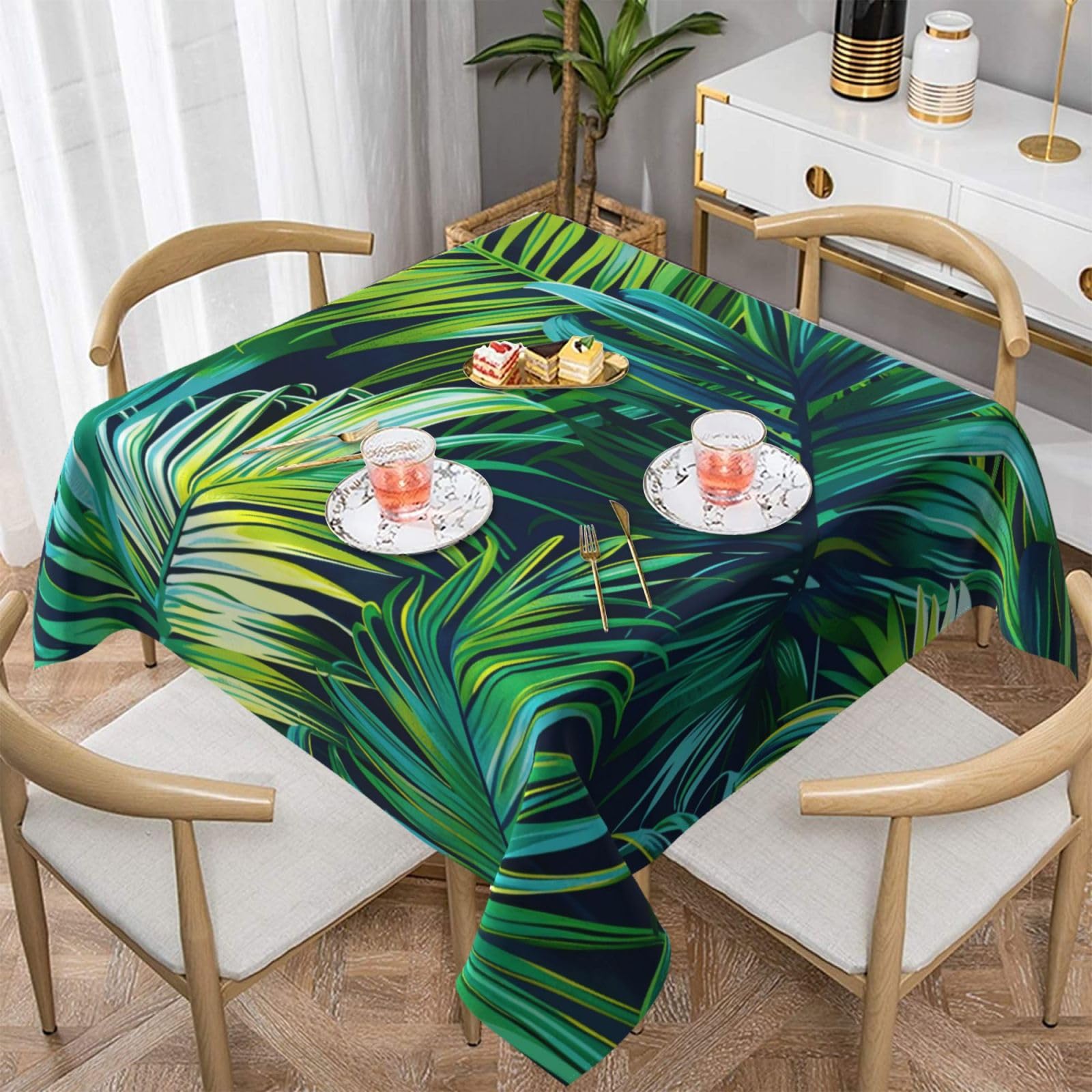 WPKJU Tropical Palm Leaves Printed Square Tablecloth 60x60 inch Water Resistant Table Cover Washable Rectangle Table Cloth for Dining Tables