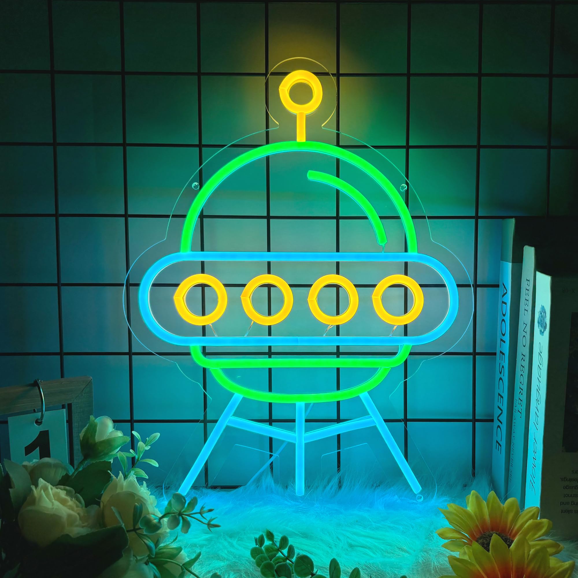 Anime UFO Neon Sign for Wall Decor, Cute Spaceship Led Signs for Home Decor, Dimmable Neon Light Sign for Bedroom, Game Room, Living Room, Bar Decoration, USB Powered Light Up Signs for Man Cave
