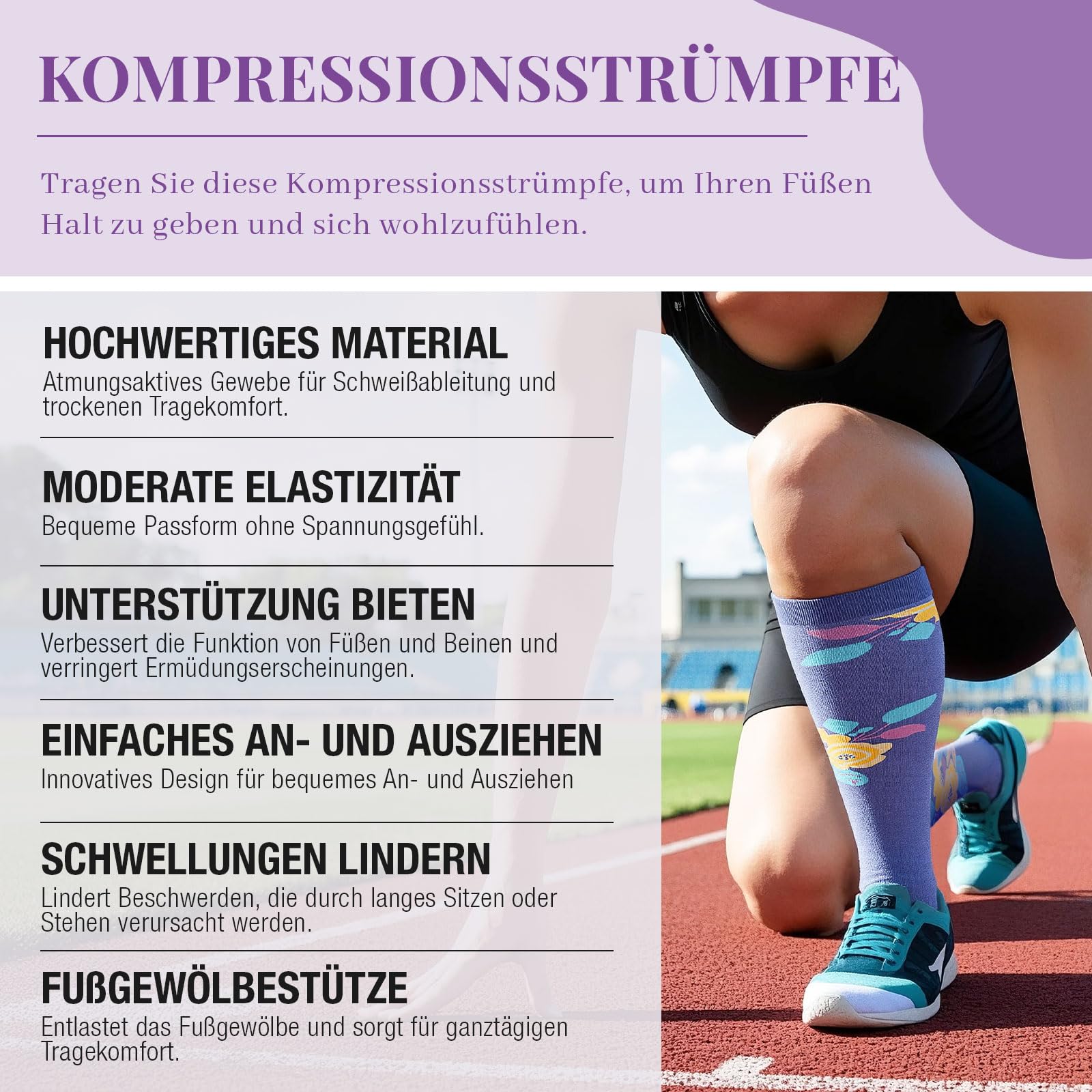 Kompressionsstrümpfe Damen Compression Socken Stützstrümpfe Kompressionssocken für Flug, Sport Laufen Reise Radsport Bunte 3 Paar