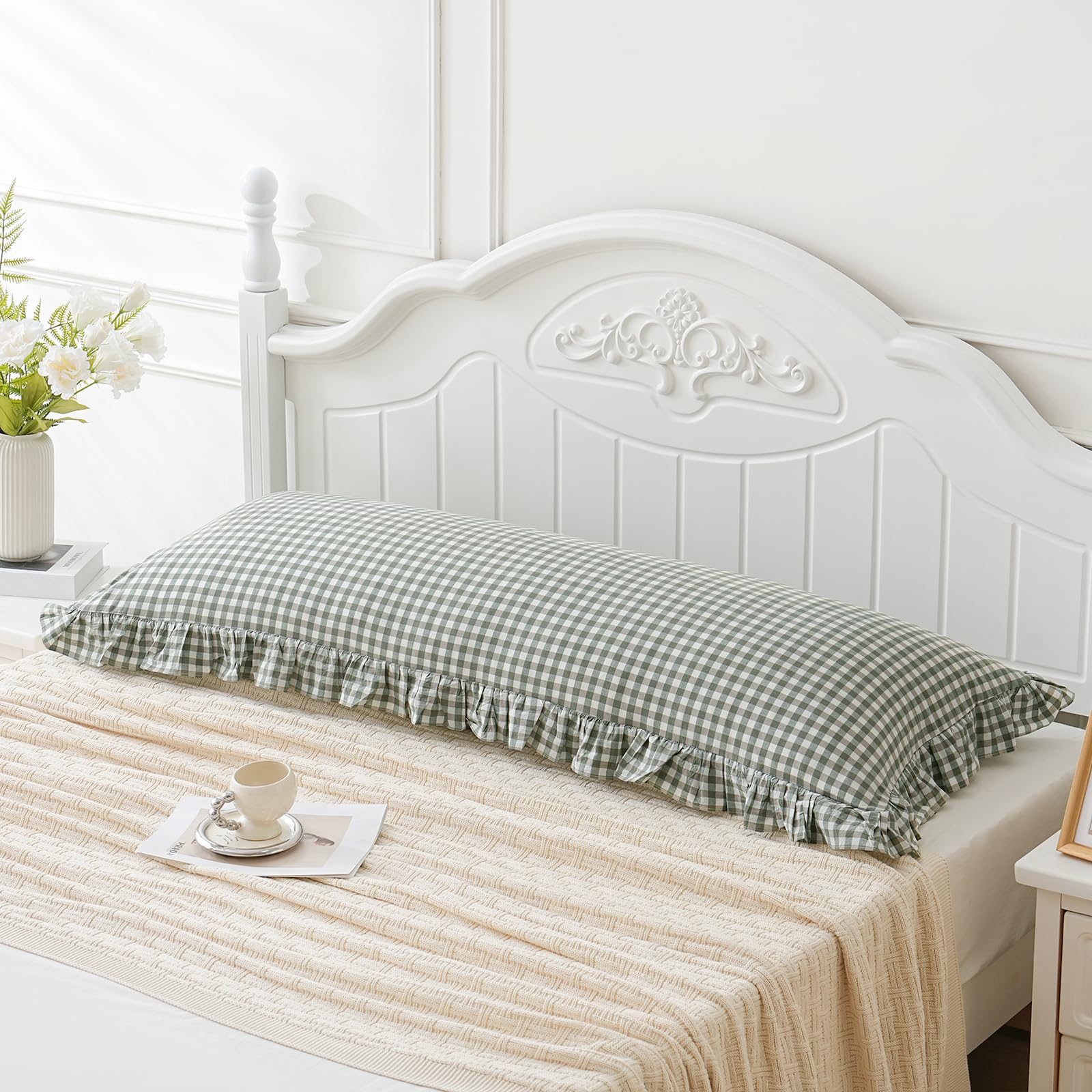 Green/White Plaid Ruffled Body Pillow Sham Washed Cotton Shabby Checkered Gingham Pillow Cover 20