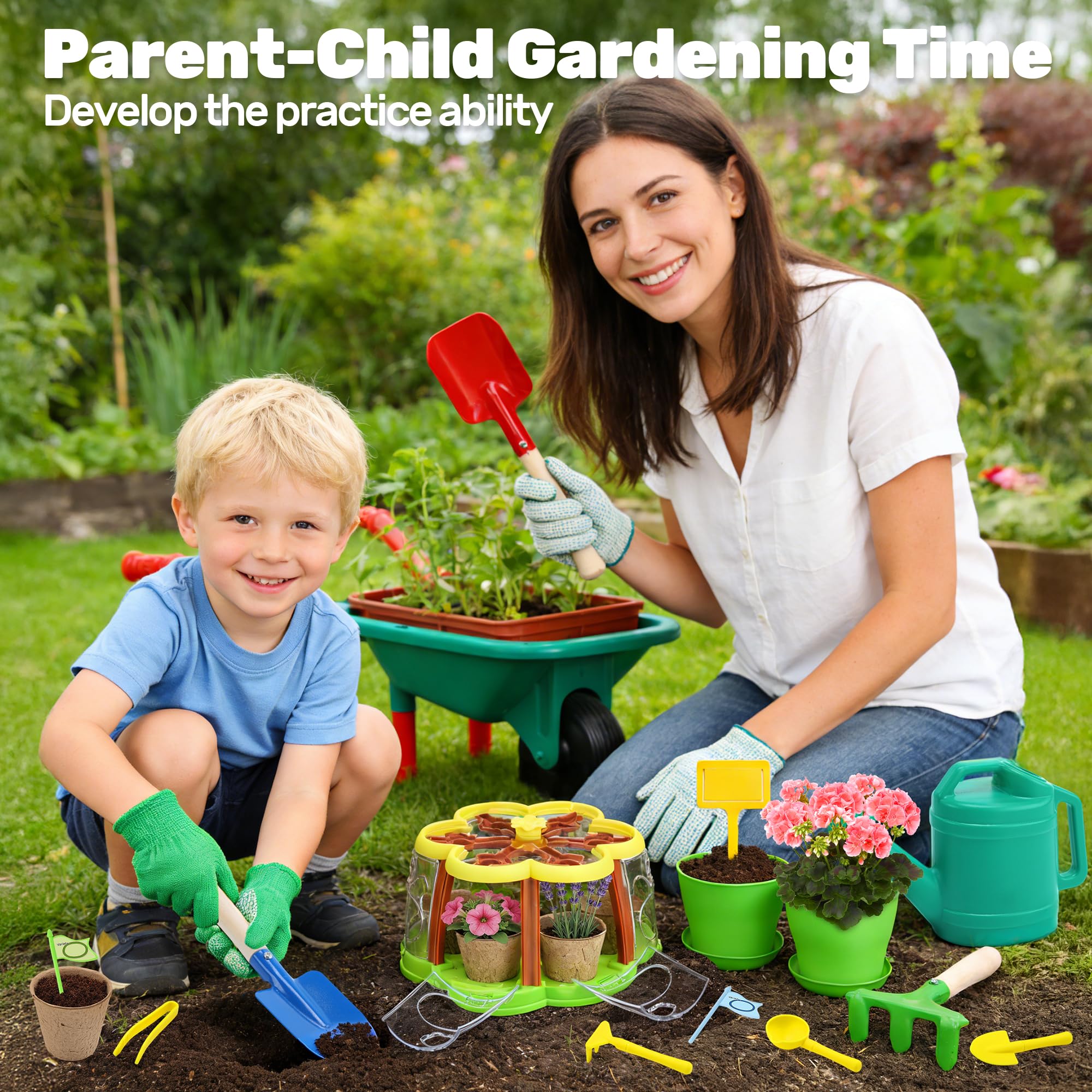 Cute Stone Ensemble de Jardinage Enfants, Kit de Culture de Plantes avec brouette, 3 Outils de Jardin en métal, Serre Enfants avec système d'irrigation amélioré, Jouets d'intérieur et d'extérieur