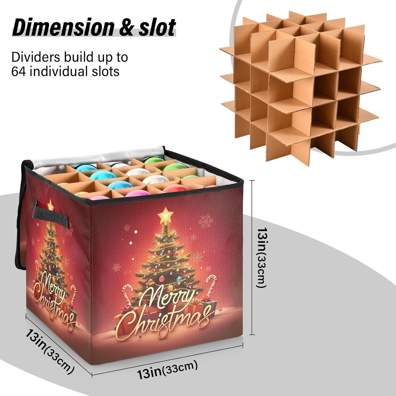 Christmas Sublimation Ornament Storage Box - Holds up to 64 Holiday Ornaments with Adjustable Dividers - 13 Inch Fabric Organizer Cube with Lid and Handles for Christmas