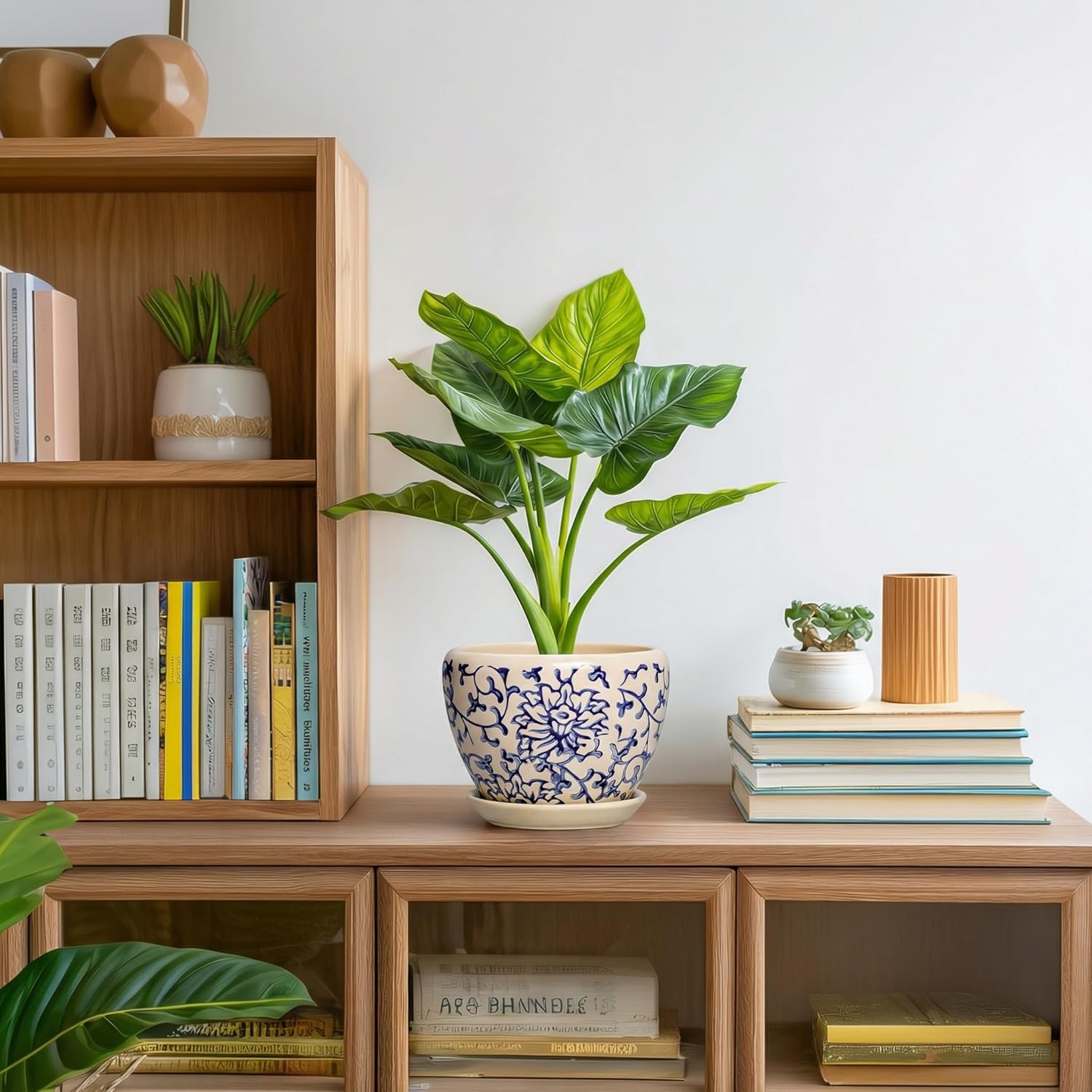 6 Inch Plant Pot - Ceramic Planters for Succulent Snake Plants, Round Pots for Plants with Drainage Hole and Saucer, Indoor Flower Pots, Living Room Decor, Gardening Gifts, Retro Blue