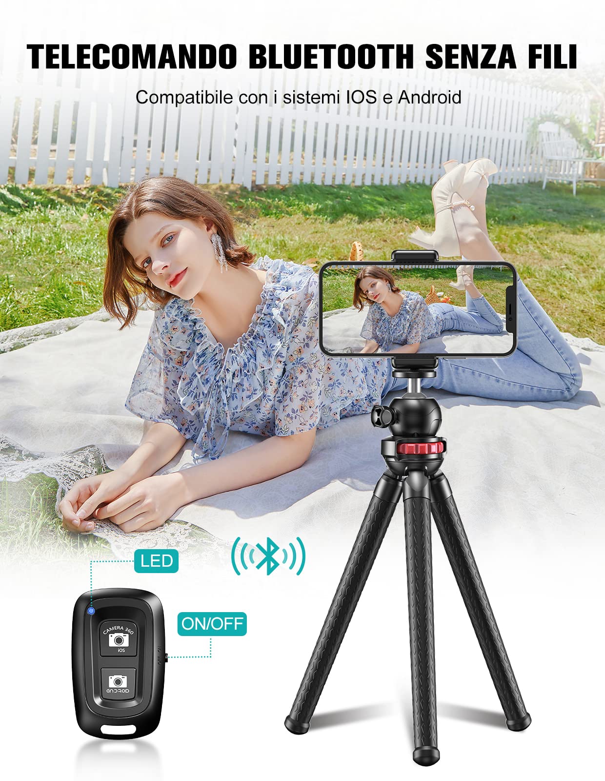 CIRYCASE Treppiede Smartphone, Flessibile Mini Cavalletto per Smartphone Octopus con Telecomando Bluetooth Wireless, 360° Rotabile & Portatile, Compatibile con Phone/Fotocamera, Ideal per Video/Selfie