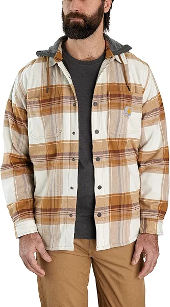 Carhartt Men's Rugged Flex Relaxed Fit Flannel Fleece Lined Hooded Shirt Jac