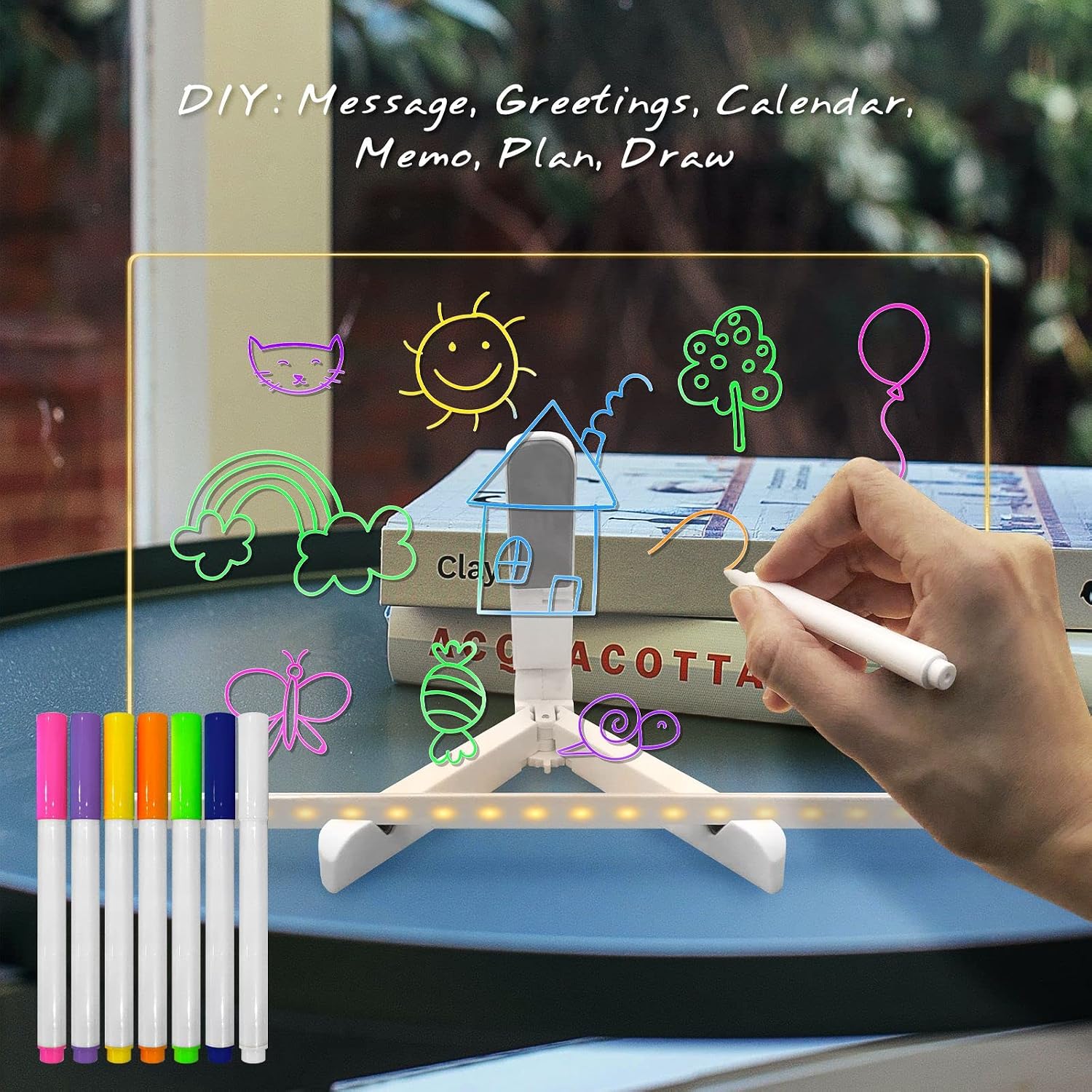 LED Note Board with Color Message Dry Erase Board with Light Up Stand Warm White Dimming 7 Color Markers Painting Kid Bedroom Dormitory Coffee Bar Decoration(7.8 * 11 inch)
