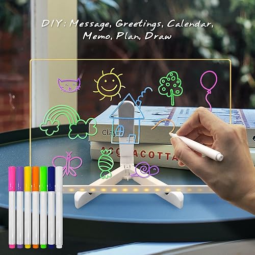 Miniatura 6 de Masshomi Tablero de mensajes de escritura a mano de tamaño A4, luz nocturna blanca cálida borrable con 7 bolígrafos de color, enchufe de pintura