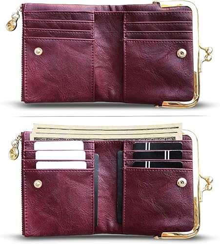 Miniatura 2 de AOXONEL Cartera pequeña Rfid para mujer, compacta, plegable, de cuero, vintage, con cremallera y cierre de beso, Vintage