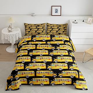Erosebridal Yellow School Bus Bedding Set Vehicles Comforter Set Twin Size,Boys Cool Automobile Truck Transportation Duvet Insert for Kids Child Teens,Kids Car Theme Room Decor,Black