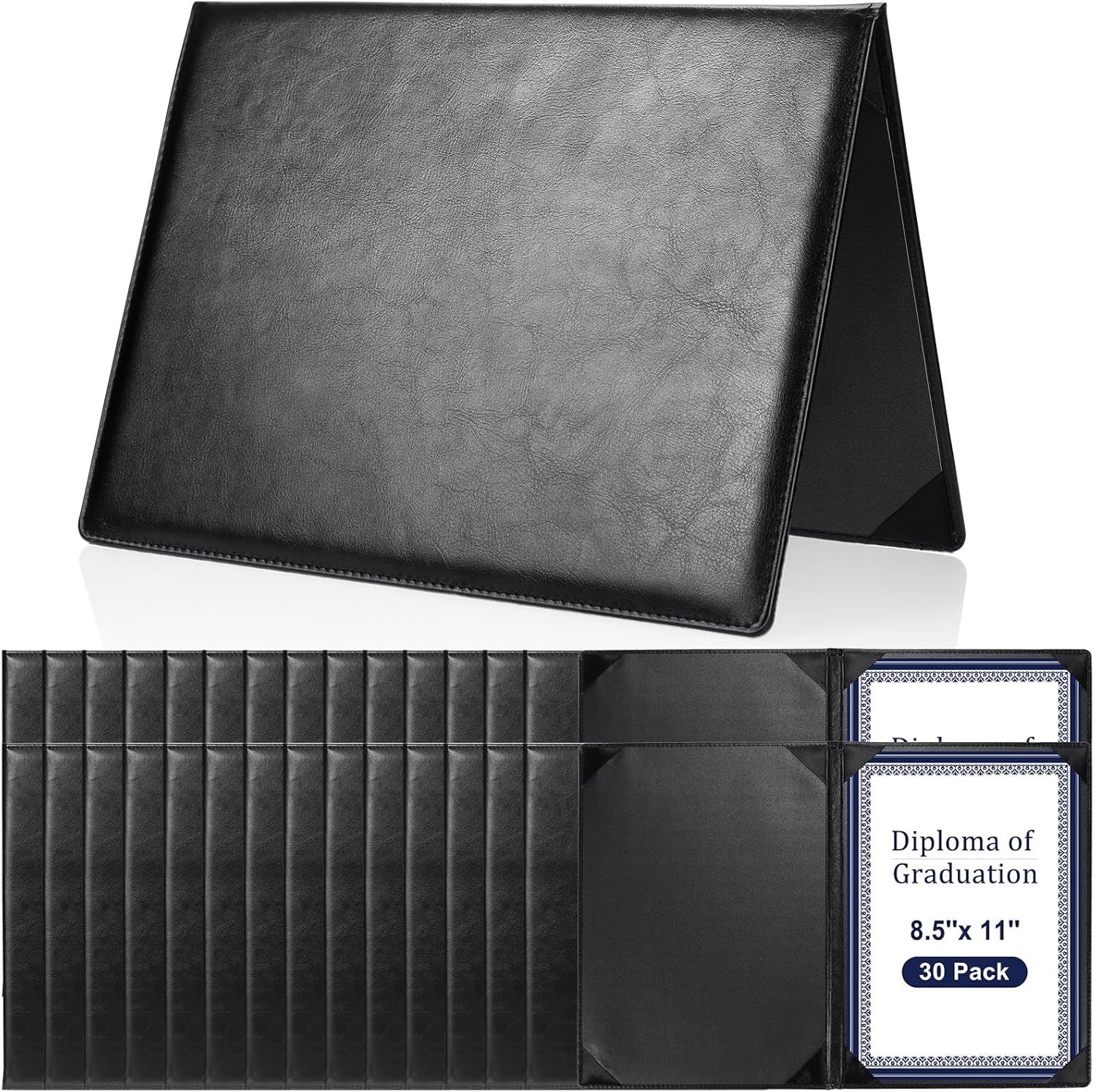 Tenare 30 Pcs Leather Certificate Holder 8.5 x 11 Inch PU Black Red Blue Purple Phd Bachelor Master Diploma Cover Professional Award Folder for Official Graduation Competition Contest Charity (Black) 30 Black