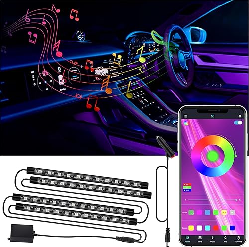 Luces LED para automóvil, múltiples modos de música, luces interiores del automóvil con control Bluetooth aplicable, kit de iluminación ambiental