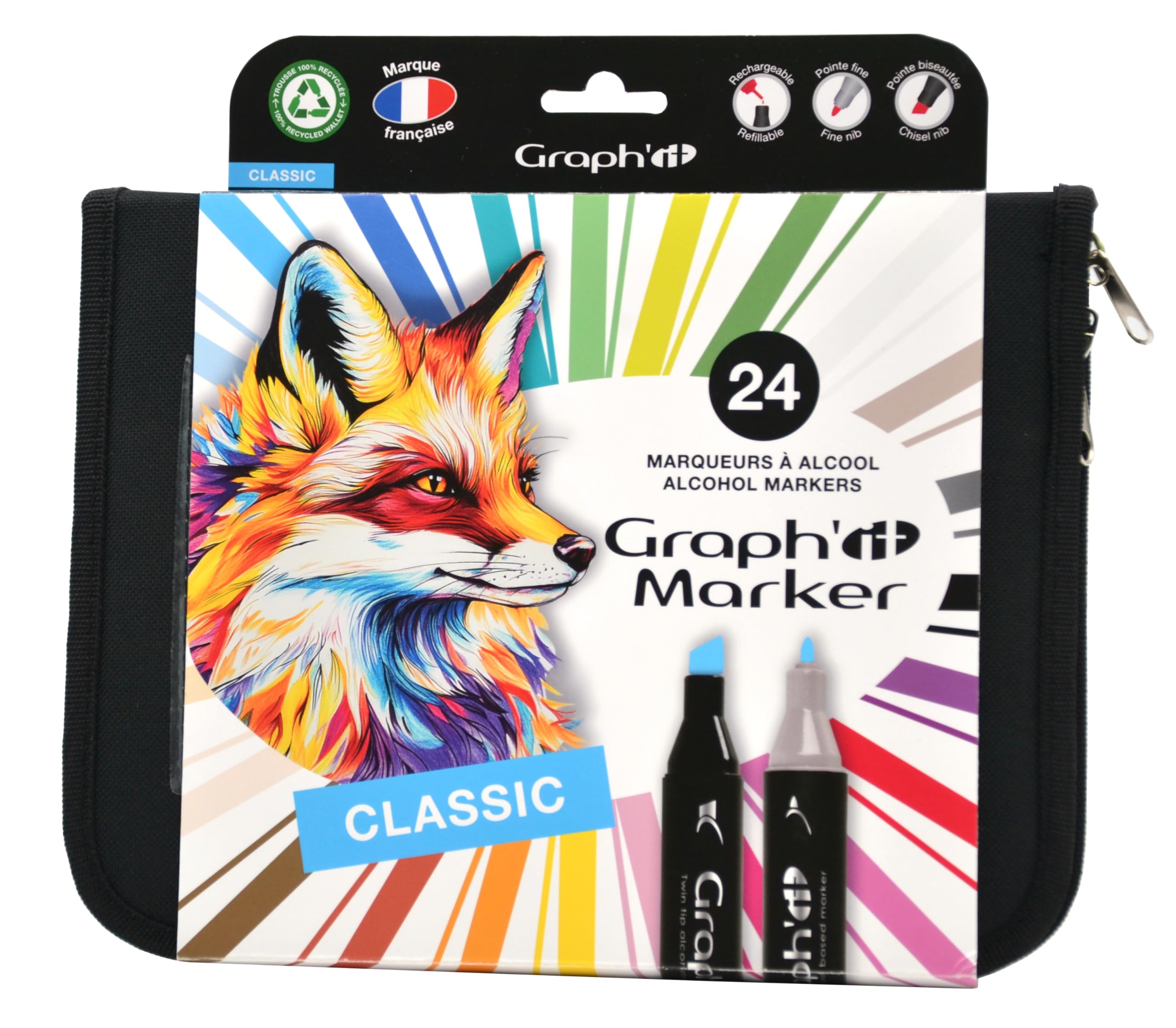 GRAPH'IT Trousse 24 Marqueurs Alcool Double Pointe - Set Manga - Pointe Fine et Biseautée - Illustration, Rough, Scrapbooking et Coloriage - Kit Dessin Complet, Couleurs Gris - Adulte, Enfant
