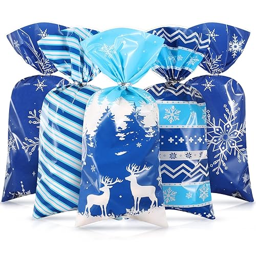 Outus 120 Pieces Winter Cellophane Candy Bags Winter Snowflake Plastic Cookie Cello Bags Blue Snowflake Theme Holiday Goodie Treat with 100 Twist Ties for Birthday Baby Shower Party Favor Supplies