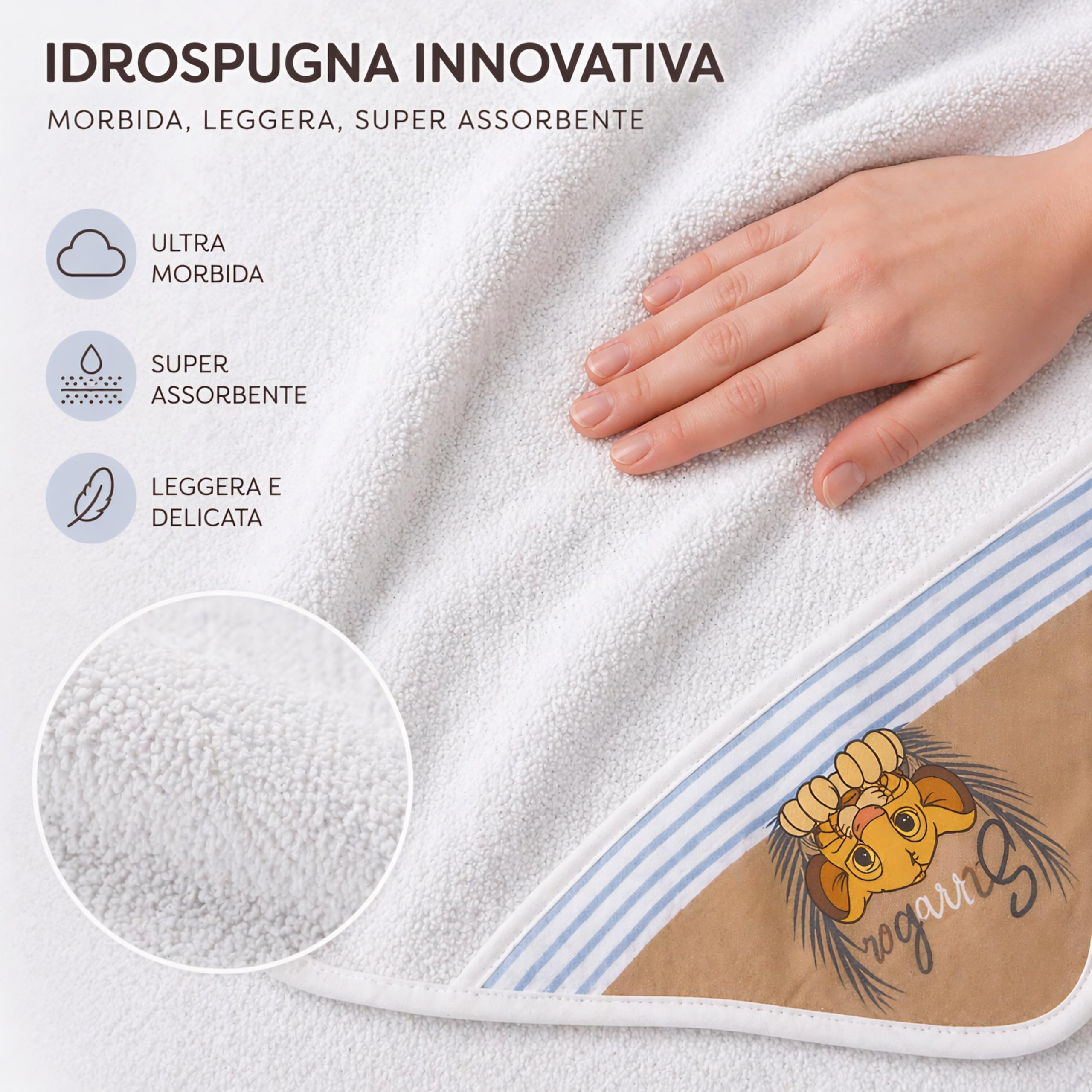 Ellepi Accappatoio Neonato Disney Baby Triangolo 75x75 cm – Idrospugna Innovativa Ultra Assorbente e Morbidissima – Telo Bagno Neonato con Cappuccio Simba e Milù (Simba)