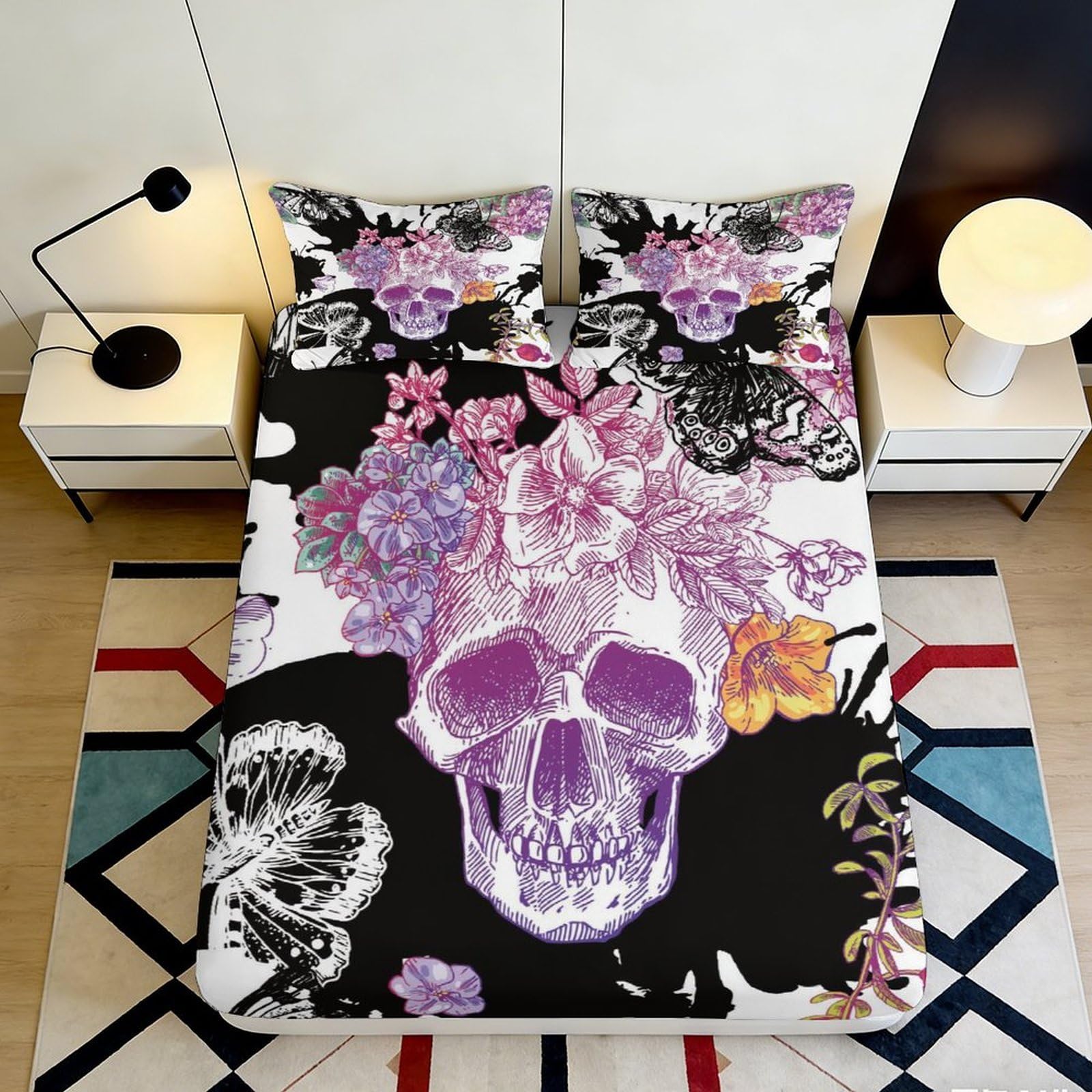 3D Printed Purple Floral Skull Fitted Sheet Microfiber Soft Black Butterfly Bed Cover for Bedroom Guestroom Mattress Protection 90x200x25cm