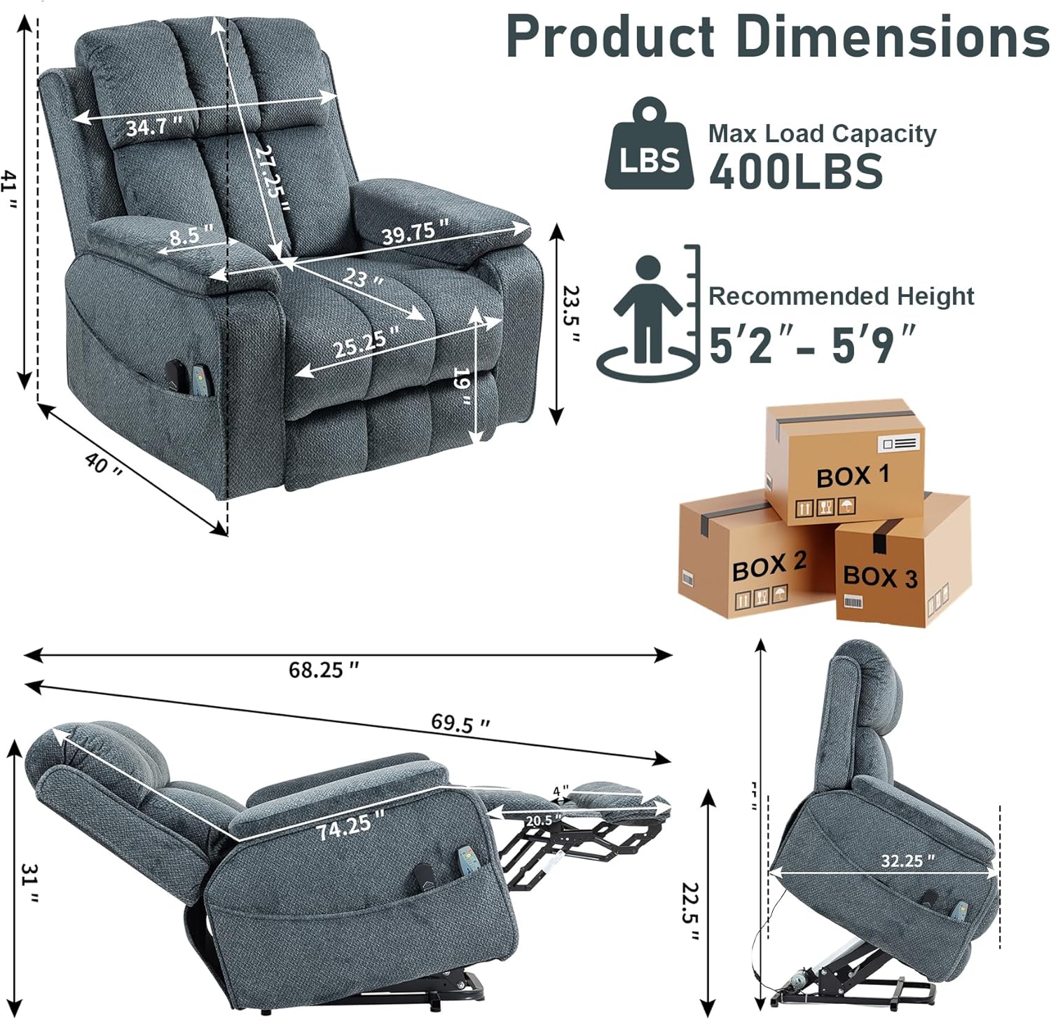 Oversized Lay Flat Recliner for Adults, Large Power Lift Recliner Chair with Extended Footrest, Electric Massage Living Room Sofa Chair, Side Storage Box Cup Holder, Blue Grey