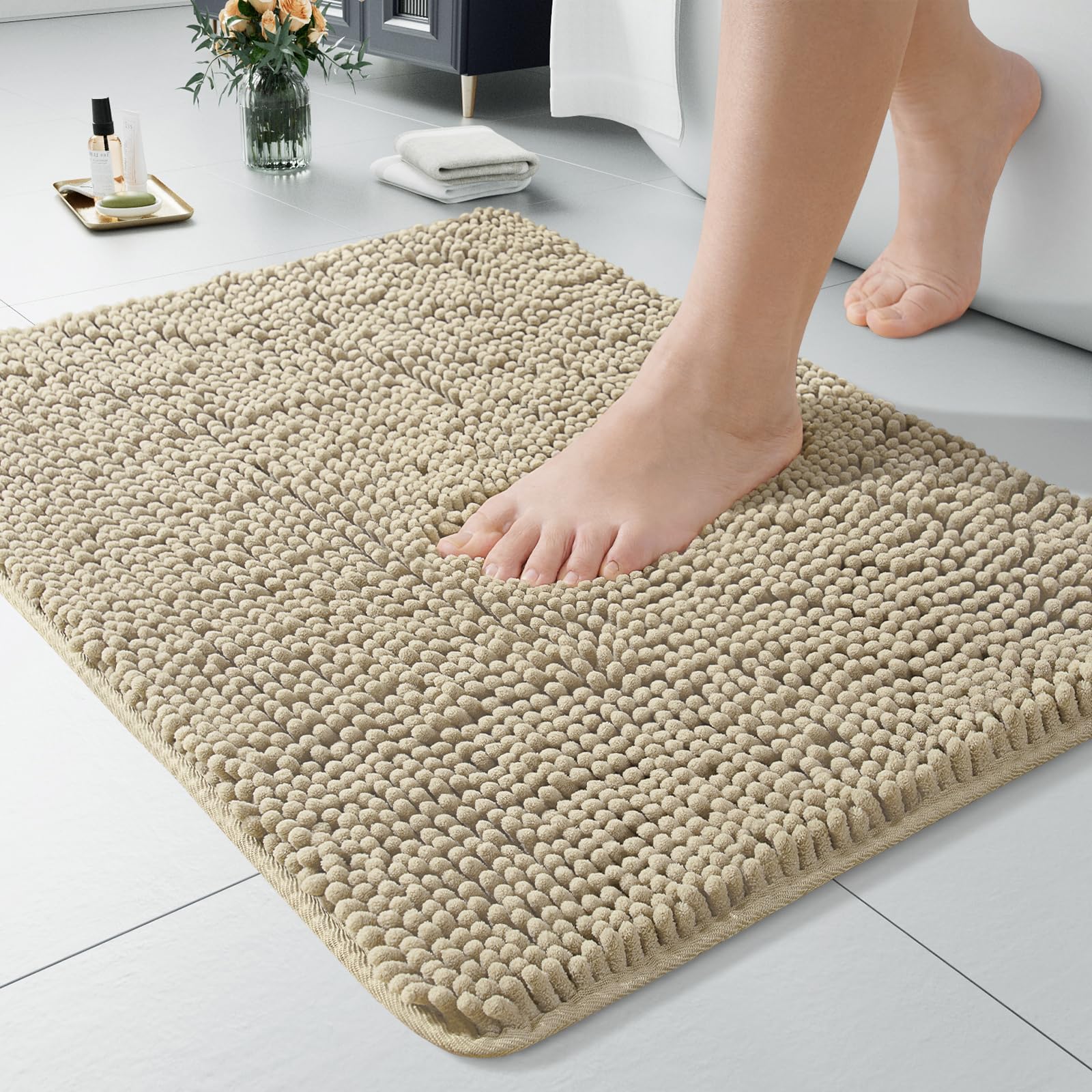 LOCHAS Luxury Bathroom Rug Shaggy Bath Mat 24 x 17 Inch, Washable Non Slip Bath Rugs for Bathroom Shower, Soft Plush Chenille Absorbent Carpets Mats,