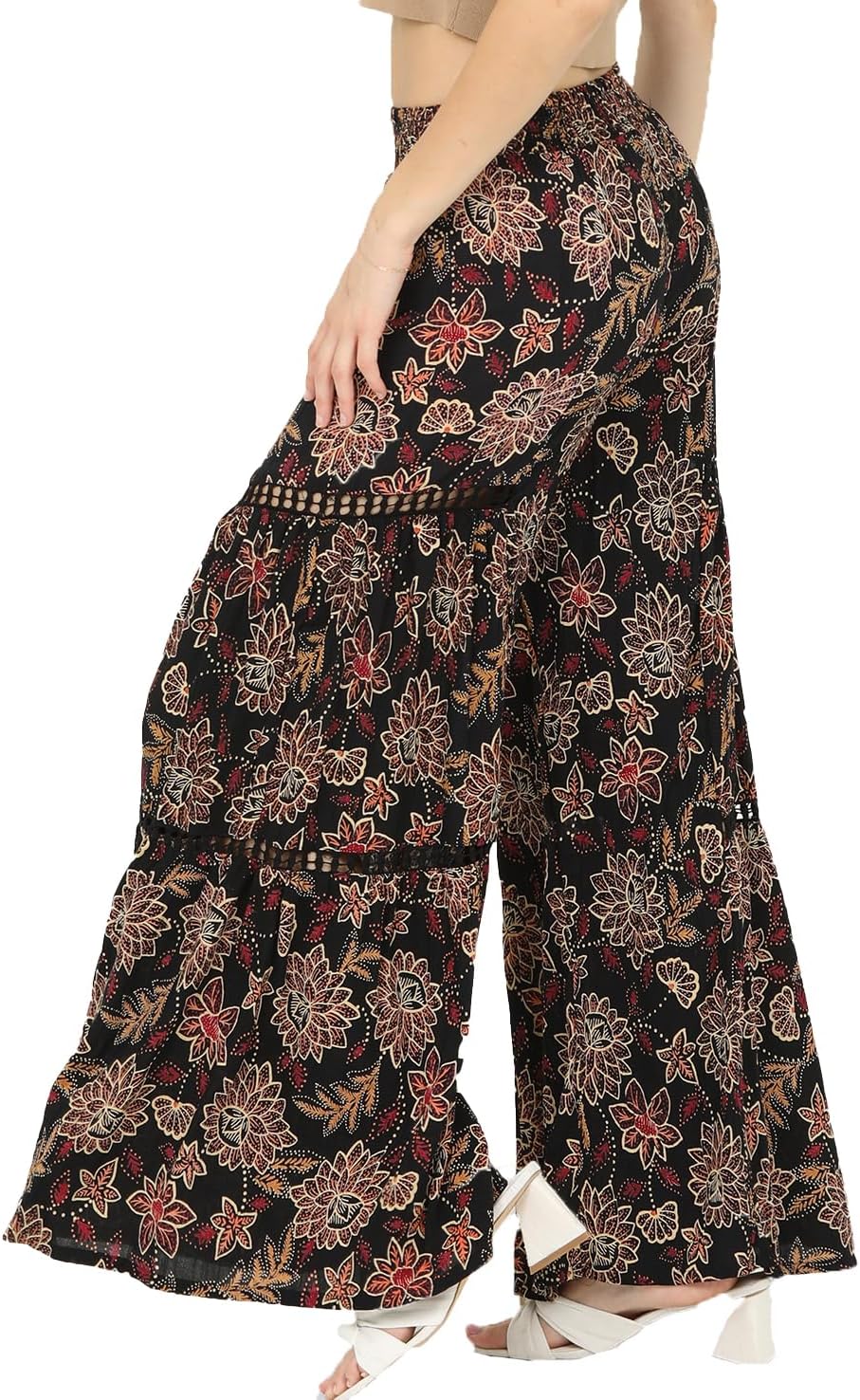 Angie Women's Wide Leg Pants with Lace Inserts