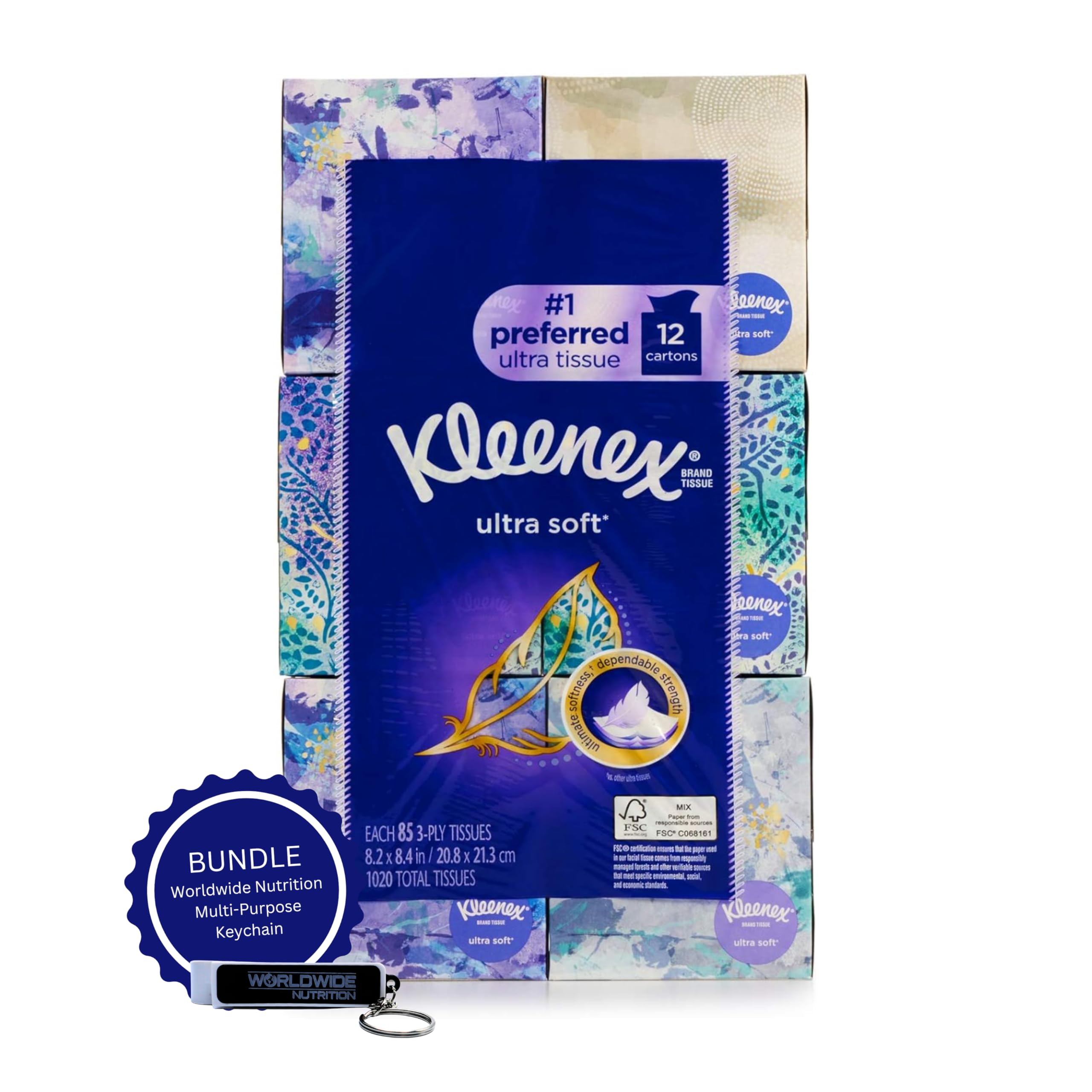 Worldwide Nutrition Bundle Compatible with Kleenex Ultra Soft Facial Tissue - Moisture Lock and Assorted Designs - 12