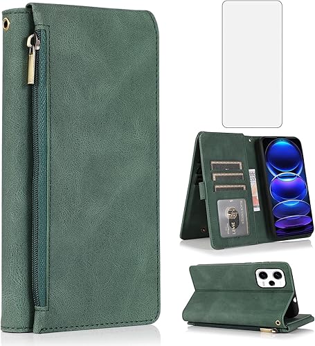 Asuwish Compatible con Xiaomi Redmi Note 12 Pro 5G  Poco X5 Pro 5G - Funda tipo cartera de vidrio templado con protector de pantalla y cremallera de