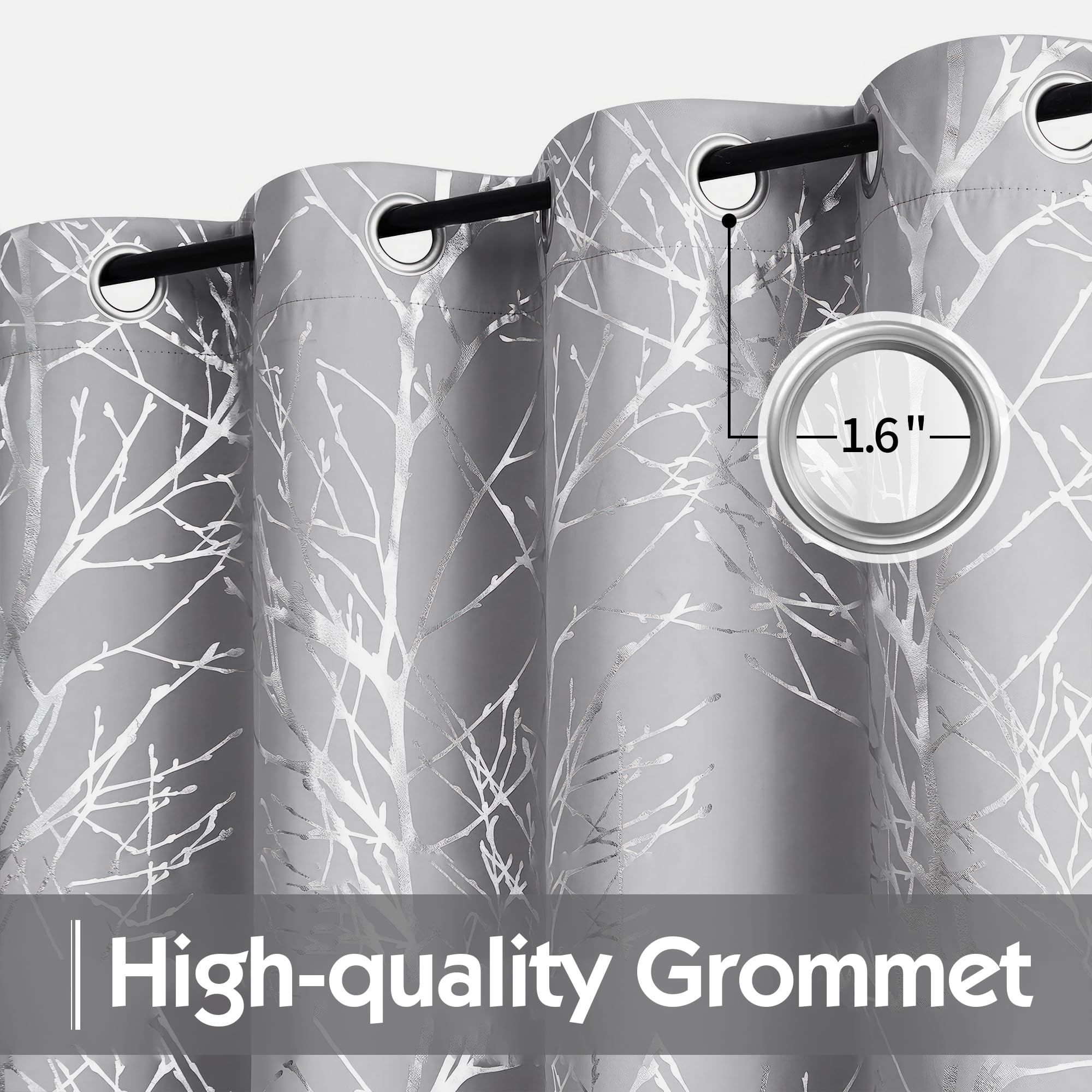 FMFUNCTEX Lot de 2 Rideaux 100% occultants pour Chambre à Coucher – Rideaux à œillets avec Motif d'arbre argenté sur Gris – Rideaux occultants à Isolation Thermique avec œillets – 243,8 cm de Long