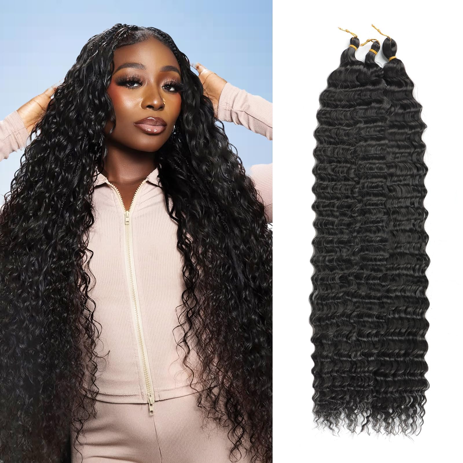 Alaleibaby Ocean Wave Crochet Hair 22 inch Deep Wave Crochet Hair 3 Packs boho hair for braiding Hair Extensions curly Braiding Hair for Black Women water wave crochet hair (1B