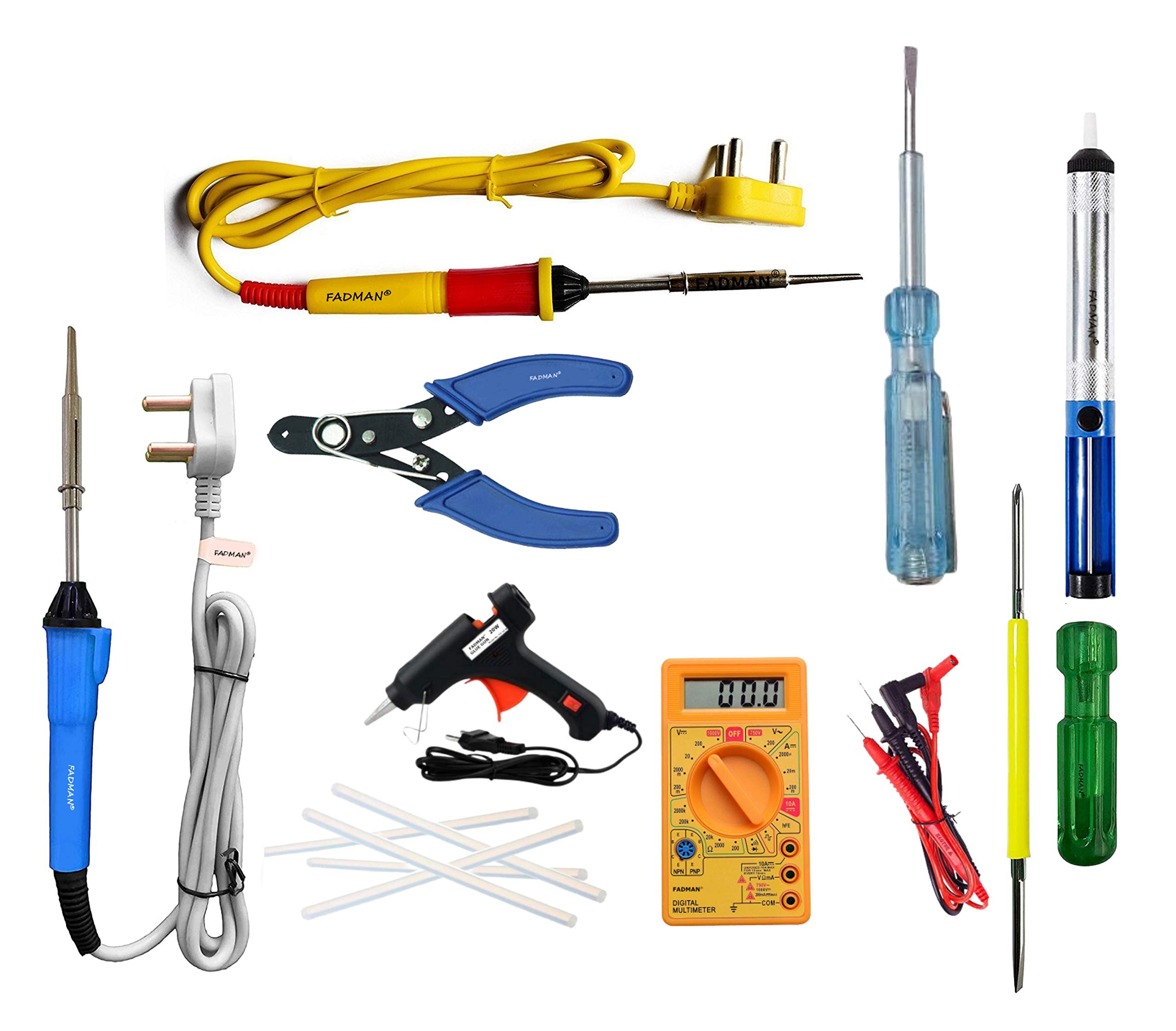 FADMAN Soldering Iron 25 W Simple - 2 | Wire Cutter | Tester | Desolder Pump | 2IN1 ScrewDriver | Digital Multimeter (2000 Counts) | Black 20W Glue Gun & 5 Glue Sticks (7MM) | (Yellow+Red) (Blue+Grey) (B08L3QDQW4) Amazon Price History, Amazon Price Tracker