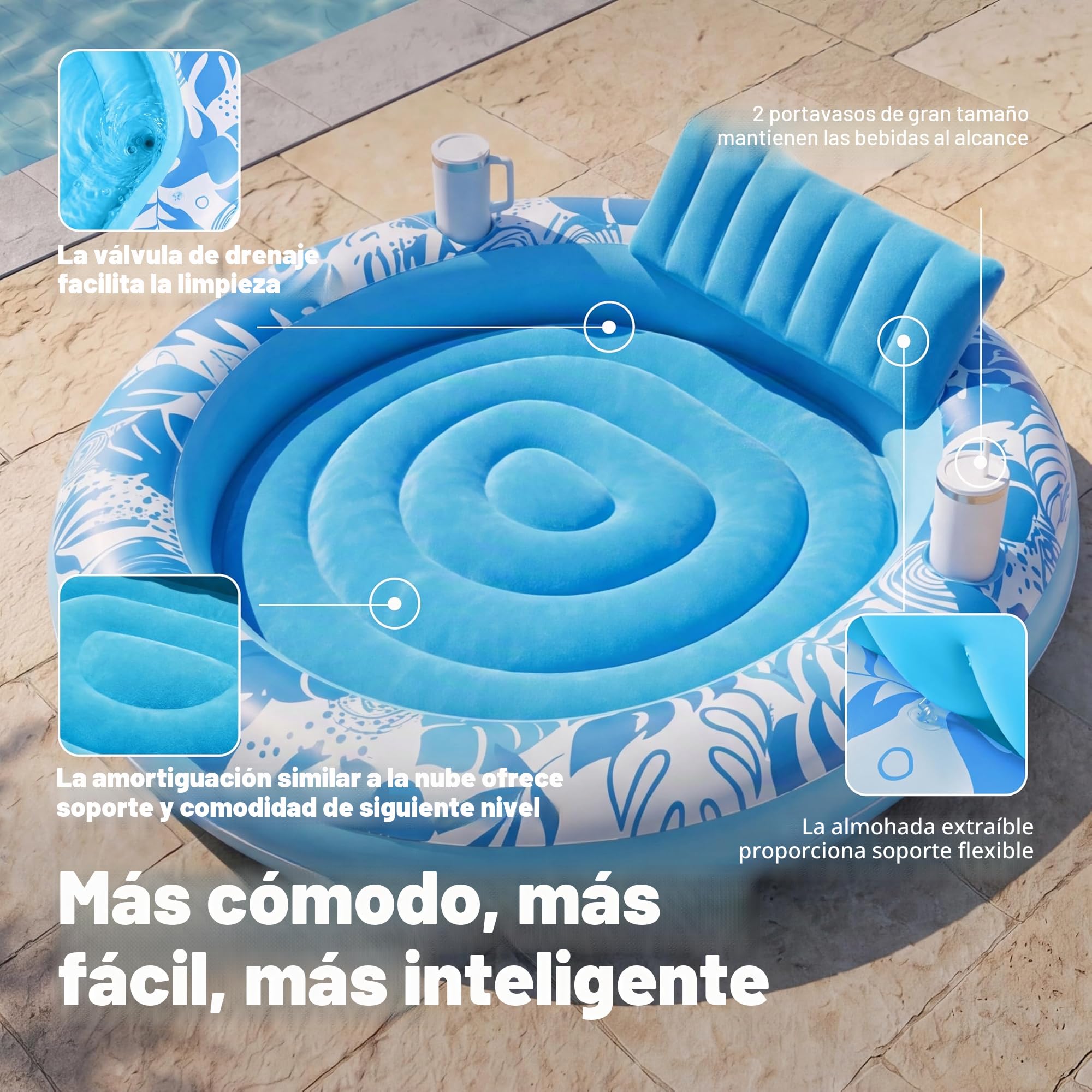 SLOOSH Flotador Inflable para alberca bronceadora, 72 x 65 Pulgadas, flotadores de Piscina para Adultos con Almohada, Tela de Lujo, Flotador Grande para Tina, para Tomar el Sol