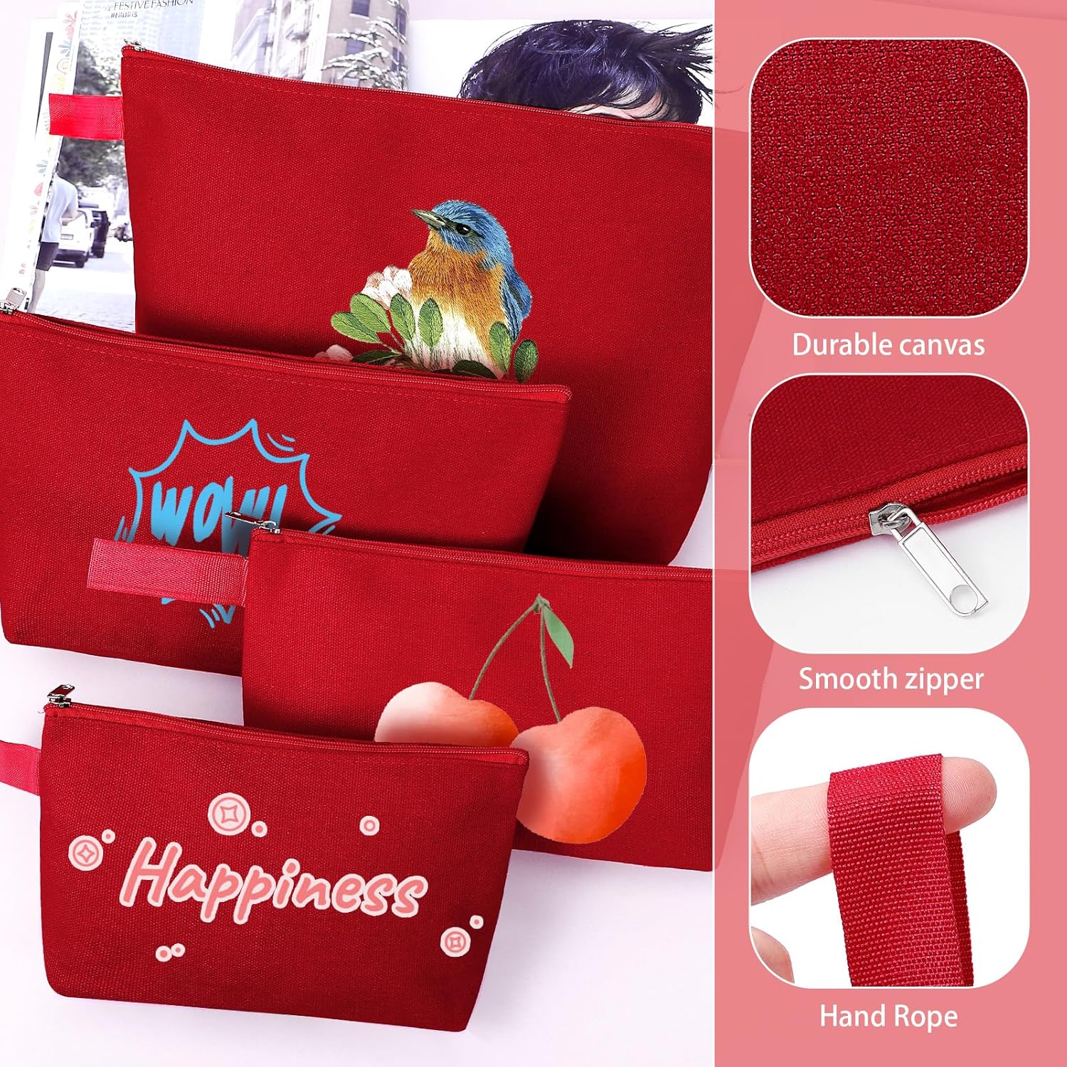 10 Pieces Cotton Canvas Makeup Bag with Bottom and Strap, Multi-Purpose Cosmetic Bag with Zipper Travel Toiletry Pouch, Blank DIY Craft Bag (Red, XS) - Image 2