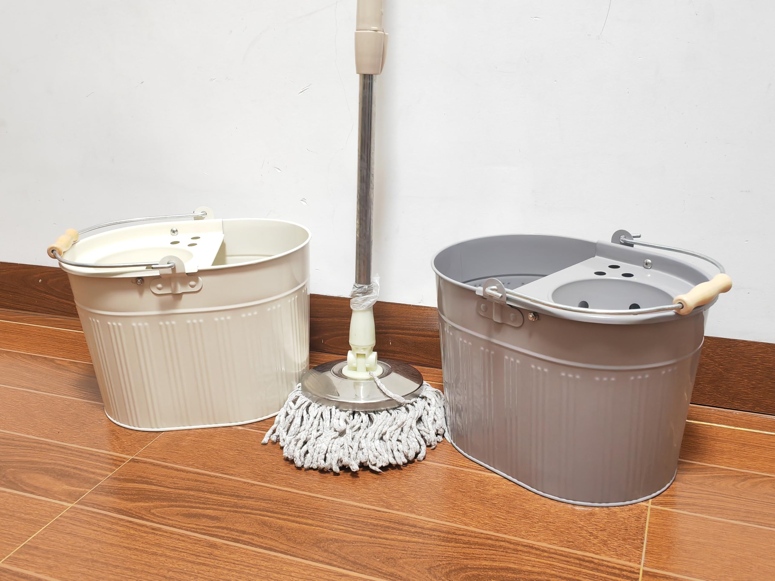 Cubo de acero galvanizado para fregona de 13 litros, grande, industrial, reforzado, resistente, de acero para limpieza general en casa y oficina (blanco roto)