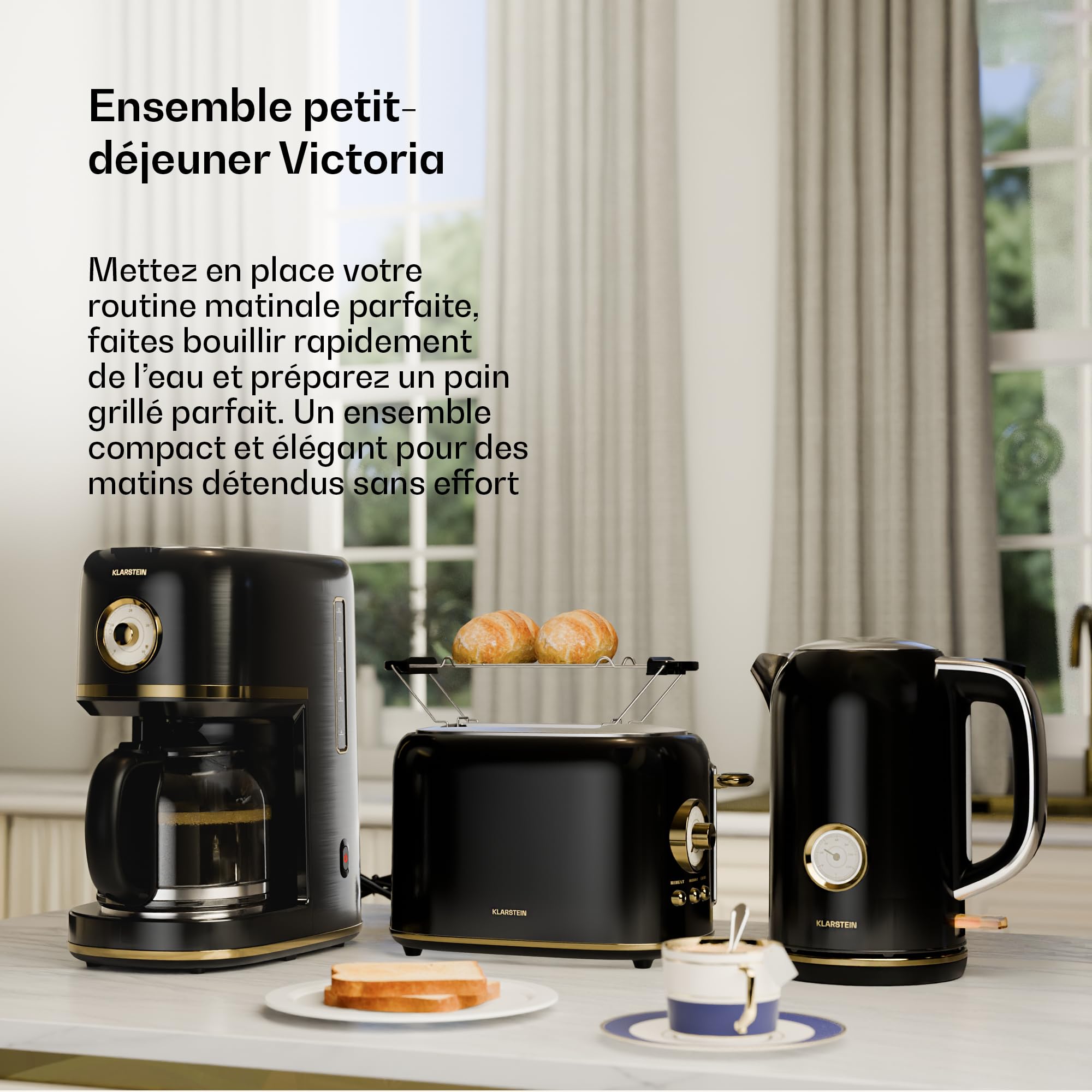KLARSTEIN Victoria Set Petit-Déjeuner Complet – Grille-Pain 2 Fentes 7 Niveaux, Bouilloire Électrique 1,7L, Cafetière Filtre 12 Tasses, Design Rétro, Noir