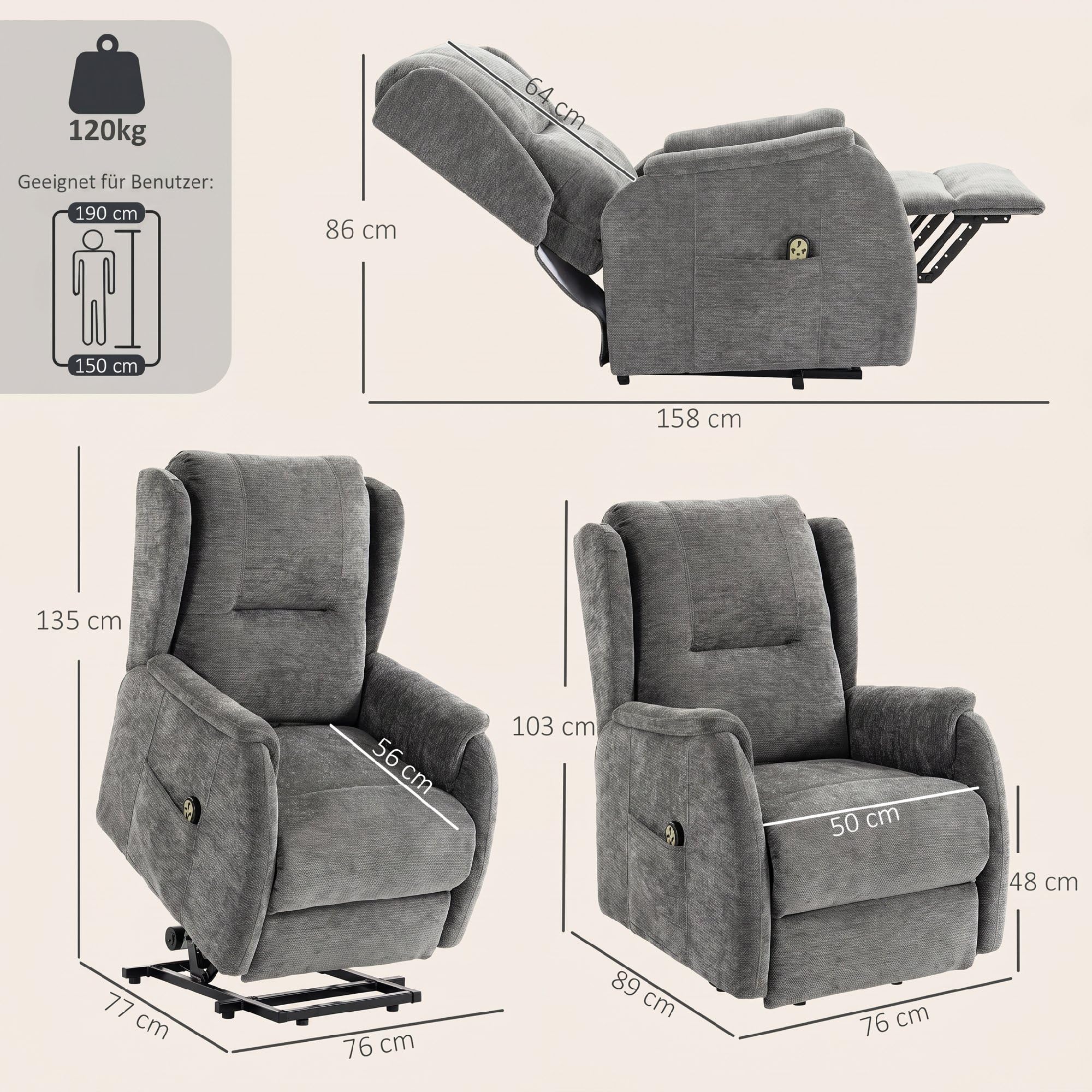 HOMCOM Fauteuil TV électrique réglable 2 Moteurs avec relevage assisté