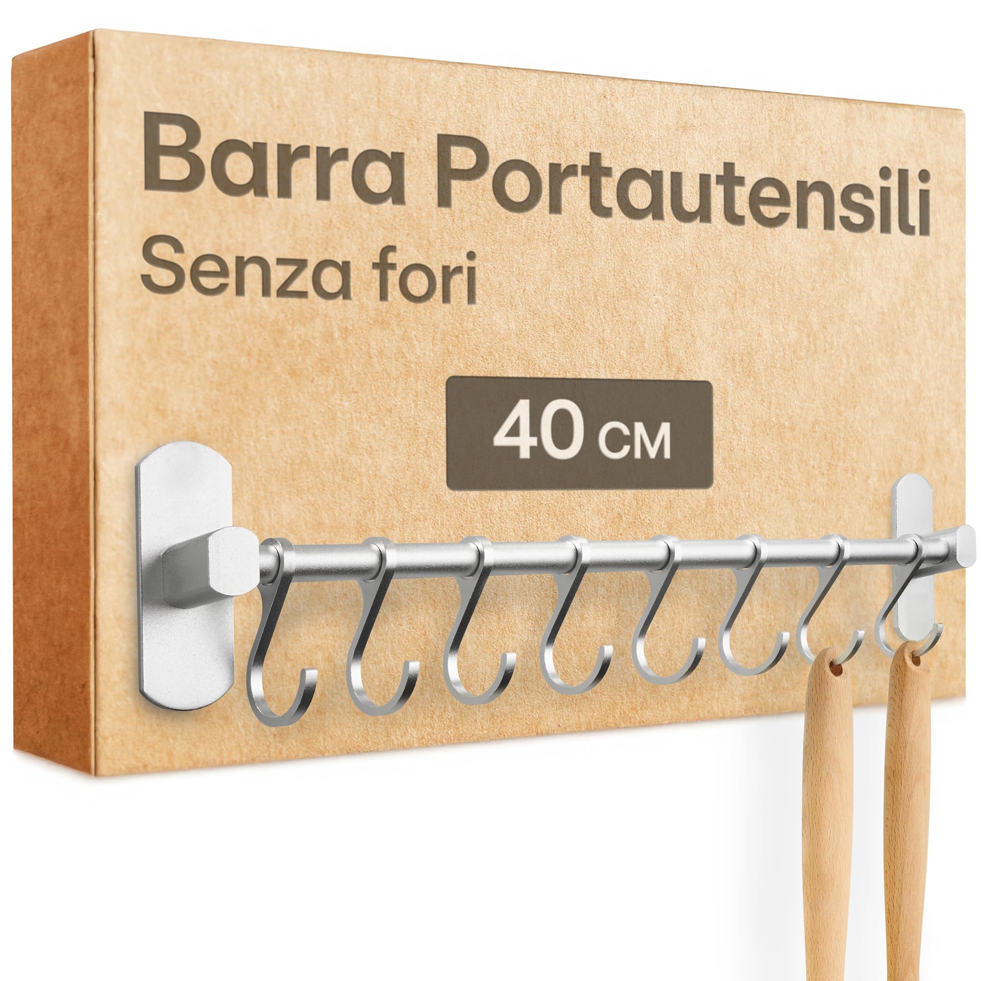 Praknu Barra Portautensili da Cucina Adesiva – 8 Ganci Regolabili - Installazione Senza Buchi - 40 cm – Supporto in Alluminio per Utensili da Cucina