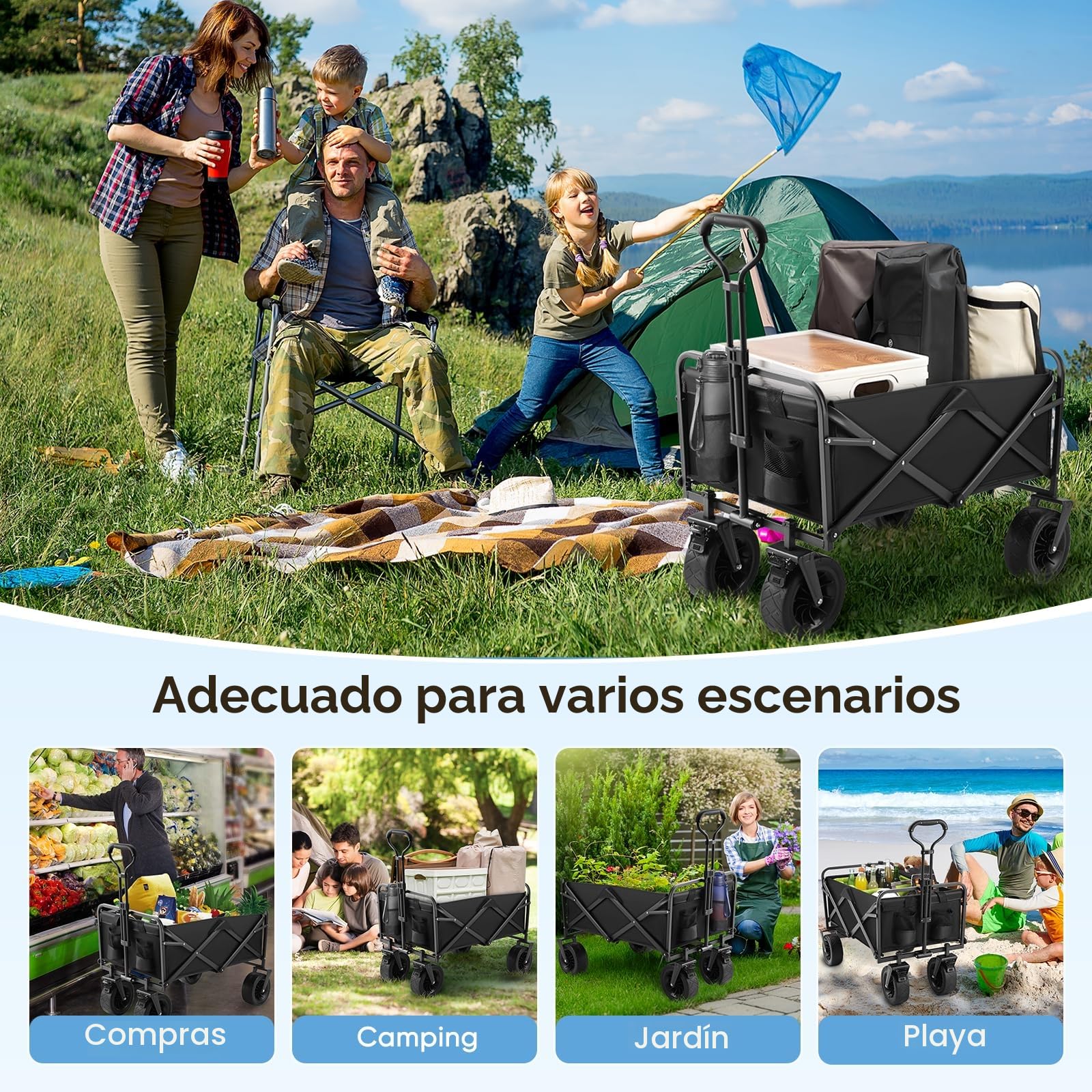 Carro Playa Plegable con portavasos, 100 l, 100 kg. Carro de Transporte, Carro de jardín, Carro para Playa, Uso al Aire Libre, Compras. Apto para Todo Tipo de terrenos, con Frenos.