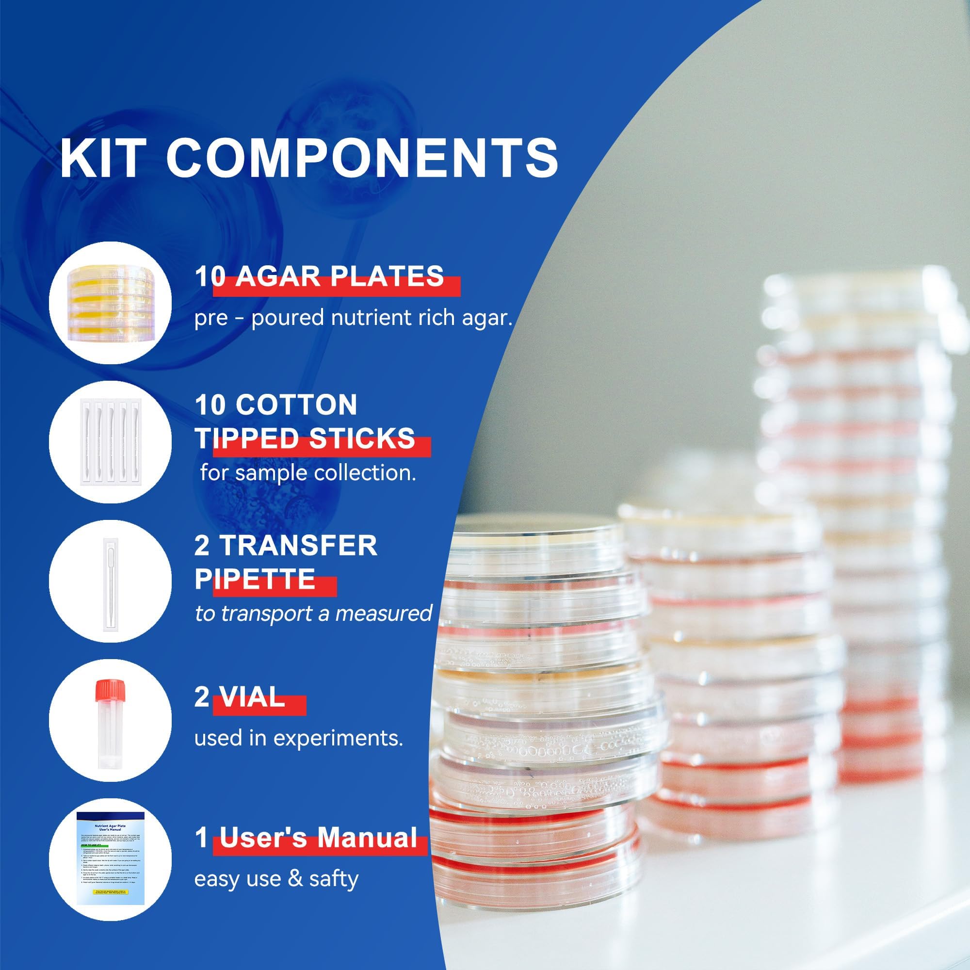 Wissenschaftliches Projekt-Kit für Nährstoff-Agar Teller und Wattestäbchen für wissenschaftliche Experimente | Bakterienwissenschafts-Set, separat versiegelt (30)