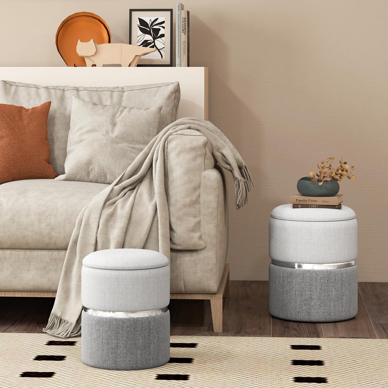 RELAX4LIFE 2er Set Sitzhocker, Pouf Hocker mit 32L + 21L Stauraum, Ottomane aus Samt, Aufbewahrungshocker für Wohnzimmer Schlafzimmer (Grau)