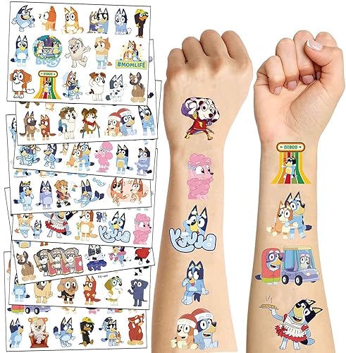 8 hojas de calcomanías azules de tatuajes temporales, suministros de fiesta temática de cumpleaños azules, regalos de decoración de dibujos