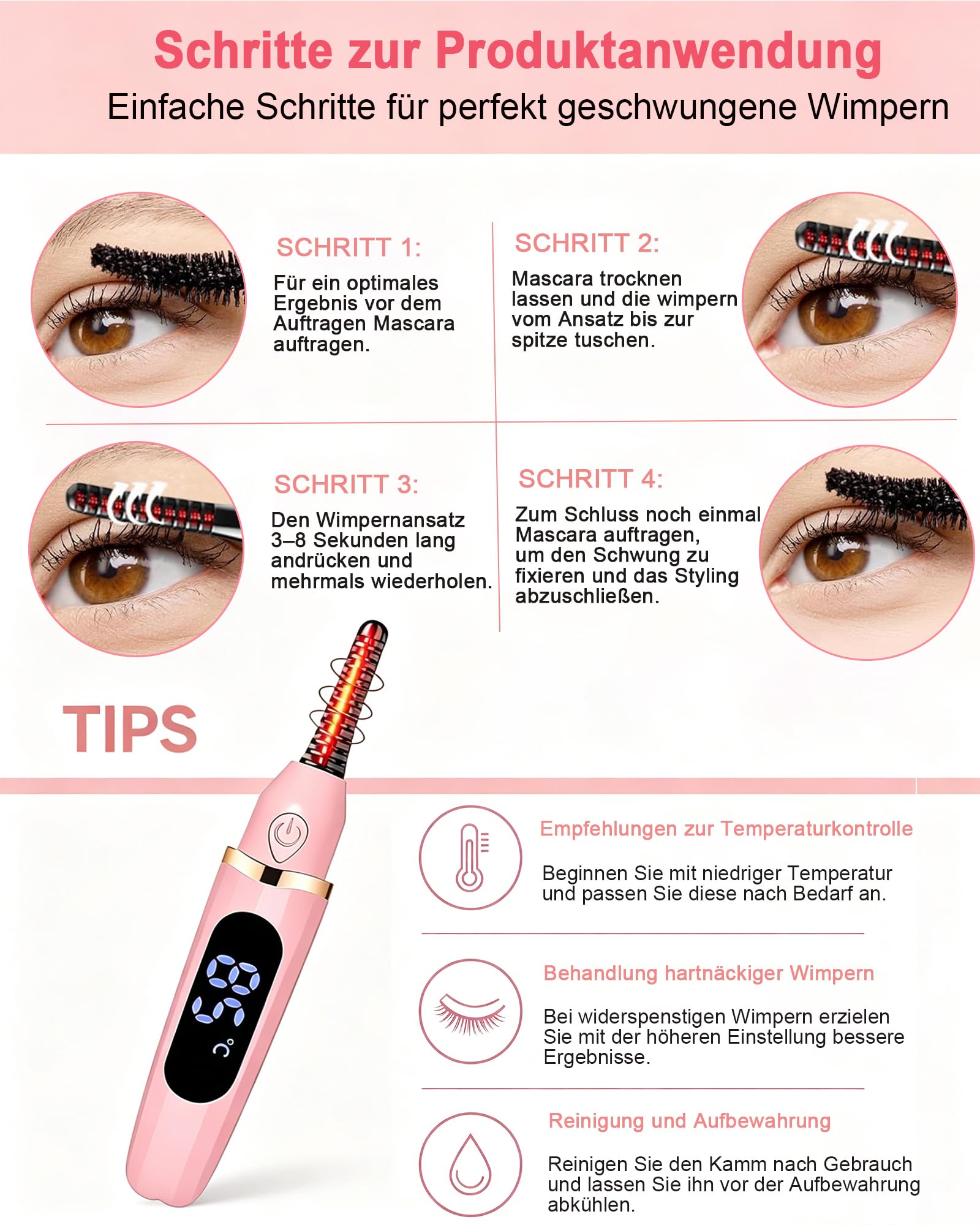 Wimpernzange Beheizbar, Beheizbare Wimpernzange USB Wiederaufladbar, Wimpern Curler Elektrisch 3 Einstellbare Temperaturstufen Schnellaufheizung in 10 Sekunden für Alle Wimpern Geeignet -Rosa