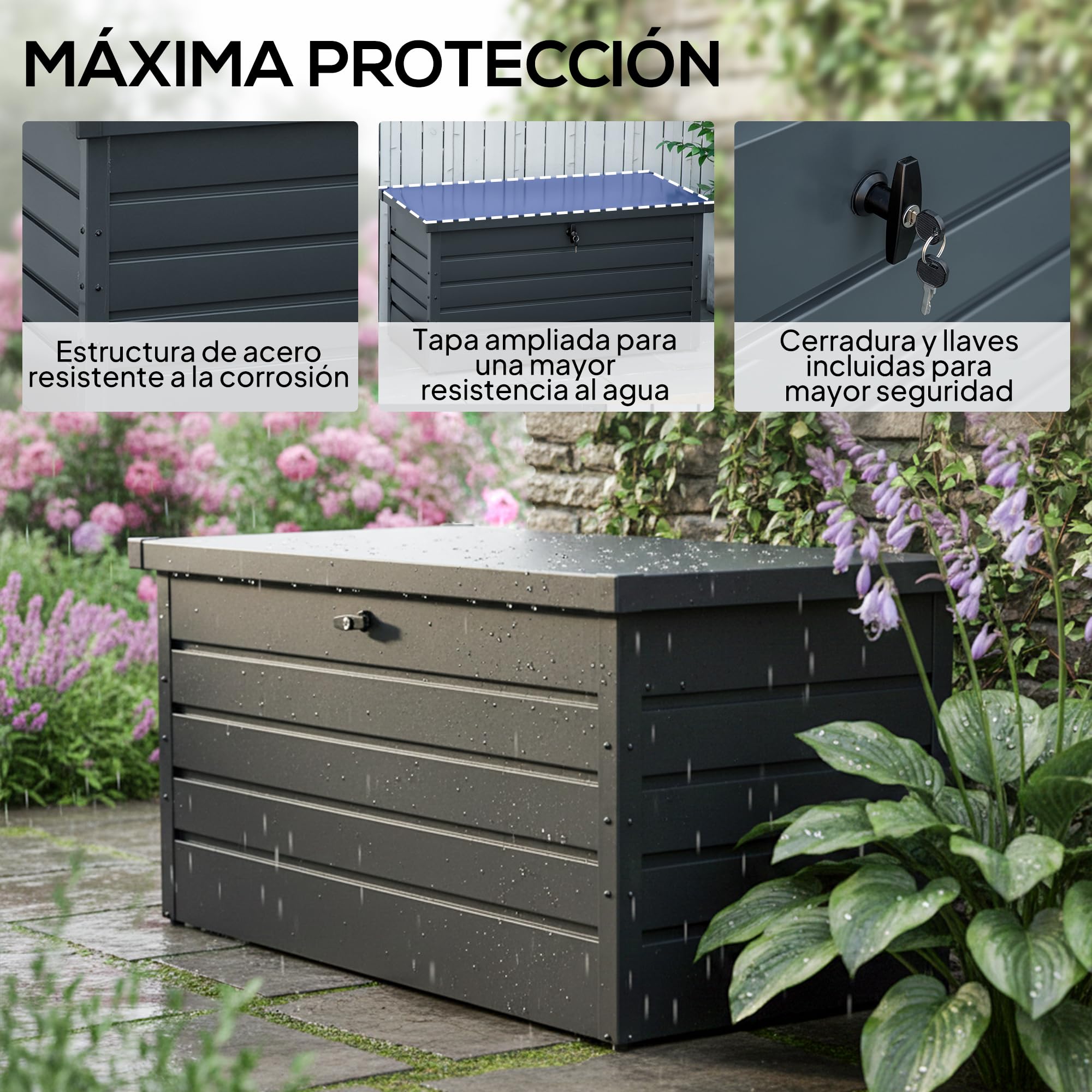 Outsunny Arcón Exterior Capacidad 311L Baúl de Almacenaje de Acero con Cerradura Llave Pistones Neumáticos para Jardín Terraza Patio 120x62x62 cm Gris Oscuro
