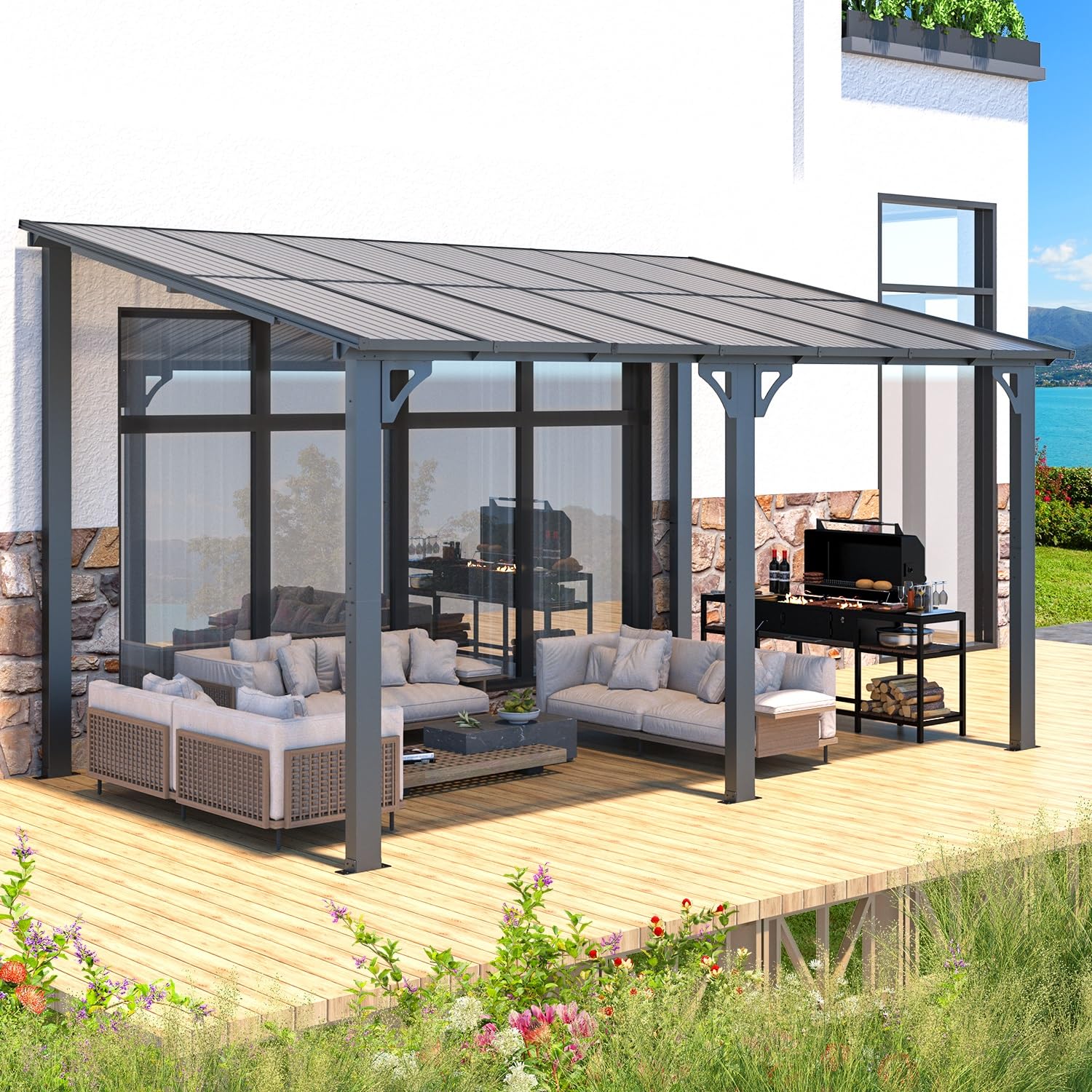 AECOJOY 14x8 Hard Top Lean-to Gazebo installed on a patio