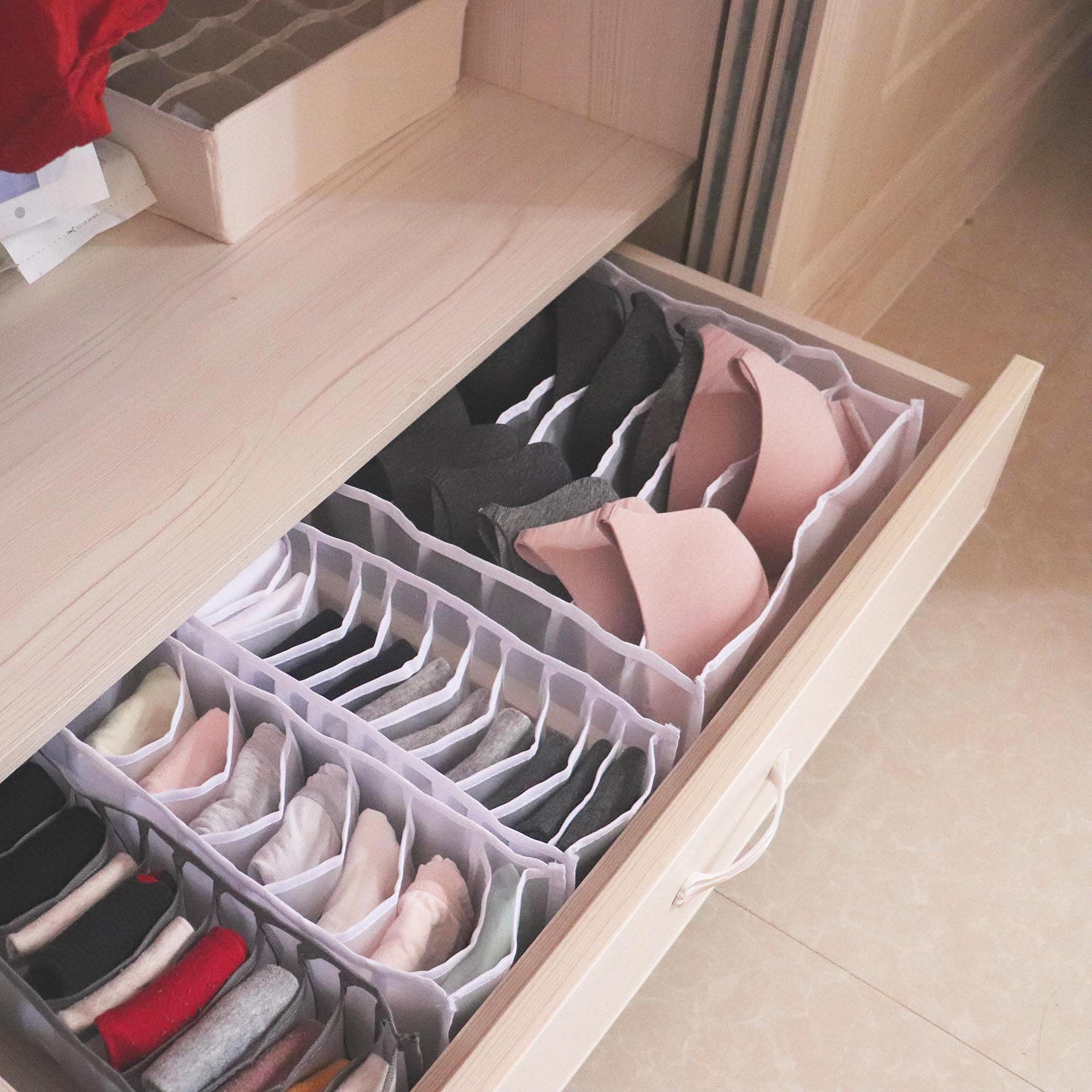 Divisori Per Cassetti In Rete Di Nylon – Set Da 3 Organizer Pieghevoli: 6 Scomparti Per Reggiseni, 7 Per Mutande, 11 Per Calzini – Altezza 11,9 Cm, Bianco, Lavabili