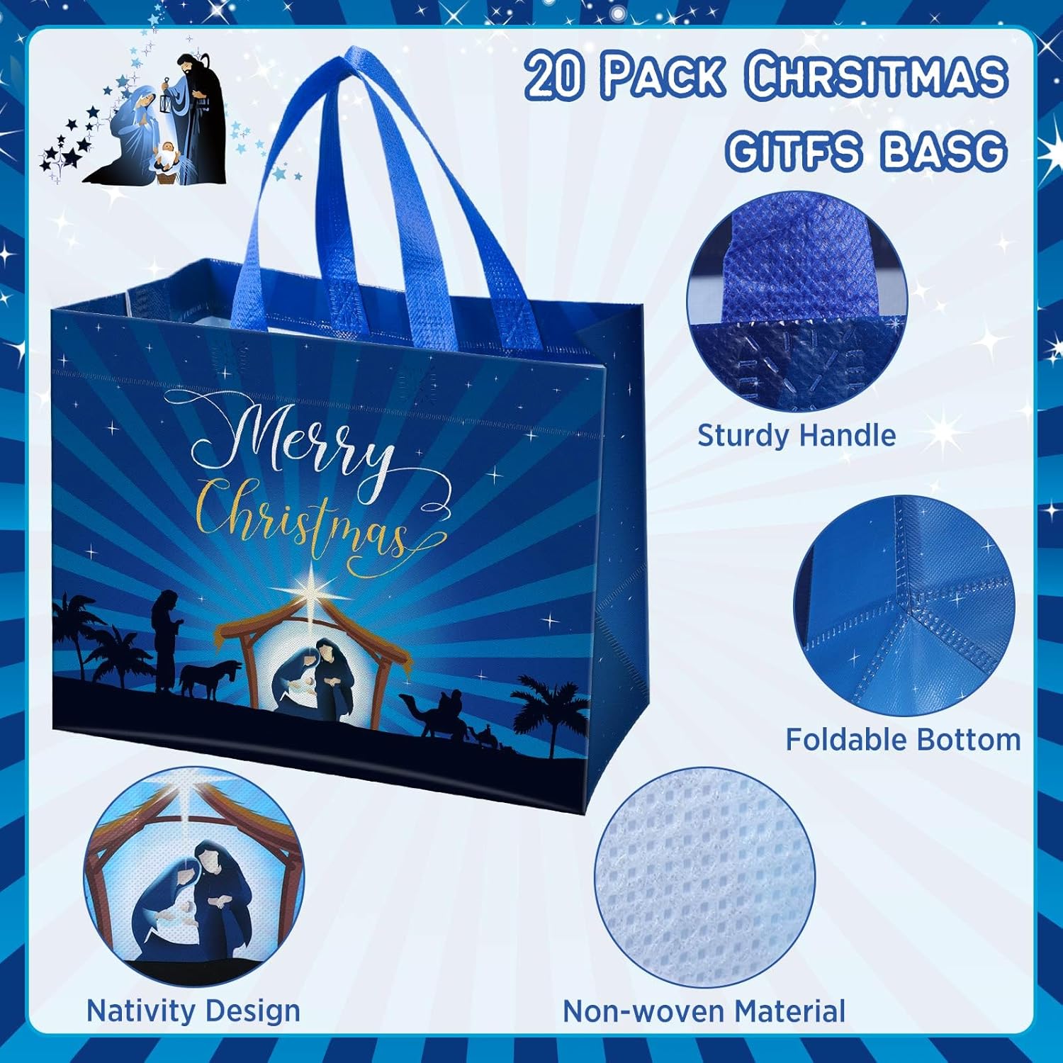 Hosuly 20 Pcs Large Christmas Nativity Gift Bags with Tissue Paper, Religious Holiday Party Favor Tote Bags with Handles, Merry Christmas Treat Candy Bag for Church Events & Family Celebrations - Image 4