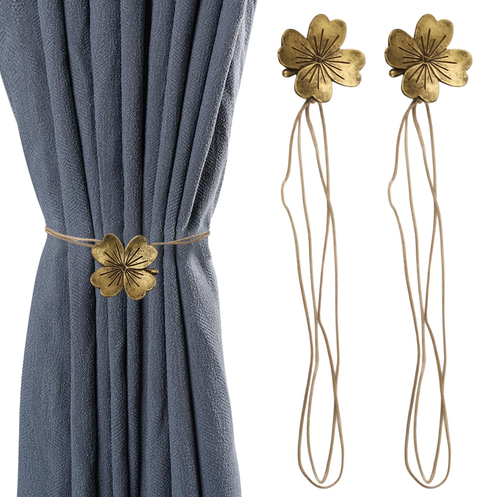 UFURMATE Magnetic Curtain Tiebacks, 2Pcs Vintage Four-Leaf Clover Curtain Tiebacks, Magnetic Curtain Buckles Decorative Drapes Holdbacks for Home and Office Decoration