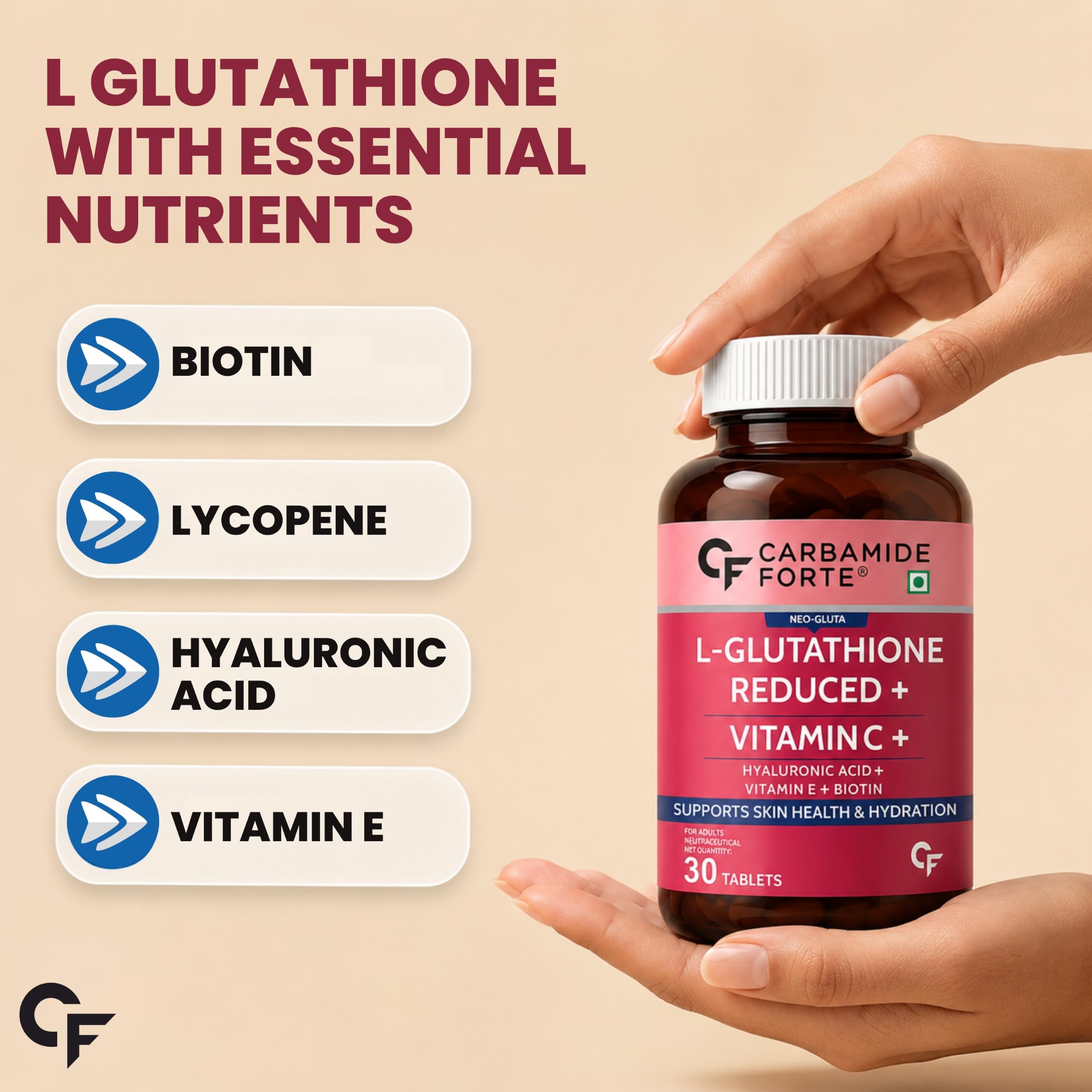 Carbamide Forte Japanese Reduced L-Glutathione Tablets 500mg | Glutathione Supplement with Vitamin C, Hyaluronic Acid, Biotin, Lycopene & Vitamin E | Glutathione Tablets for Skin Glow, Even Skin Tone & Antioxidant Support | 30 Veg Tablets 2