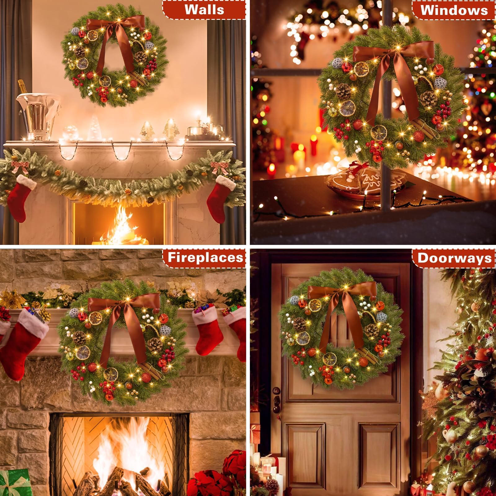 GlobaLink Couronne de Noël Porte 40 LEDs 40CM Couronne et Guirlandes de Noël Artificielle Minuterie à Piles Etanche IP44 Couronne de Noël Lumineuse Decoration pour Porte Entrée Mural Vitre Fenêtre