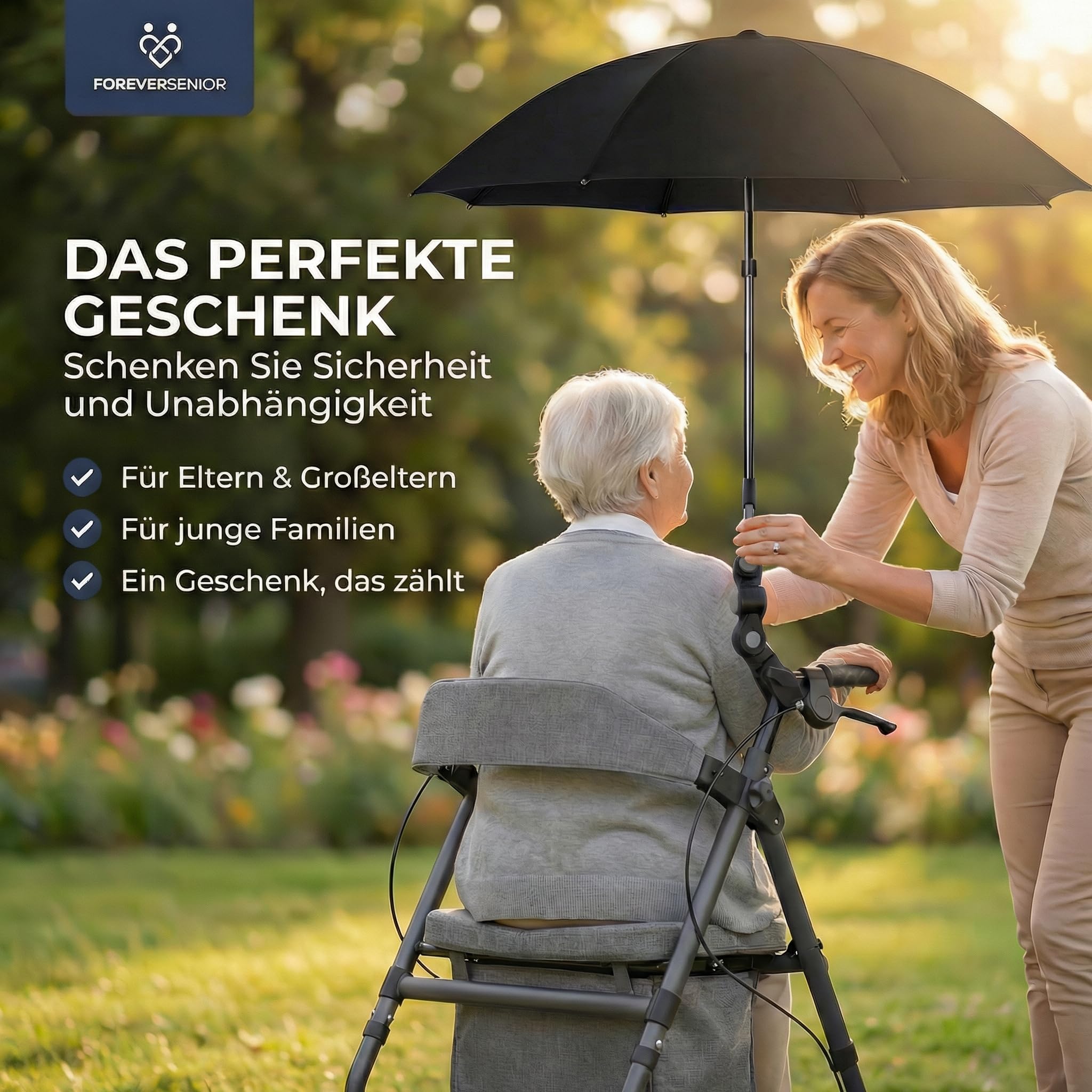 Regenschirm für Rollator und Kinderwagen mit Halterung, höhenverstellbarer Rollator Schirm - Praktische Rollator Schirmhalterung